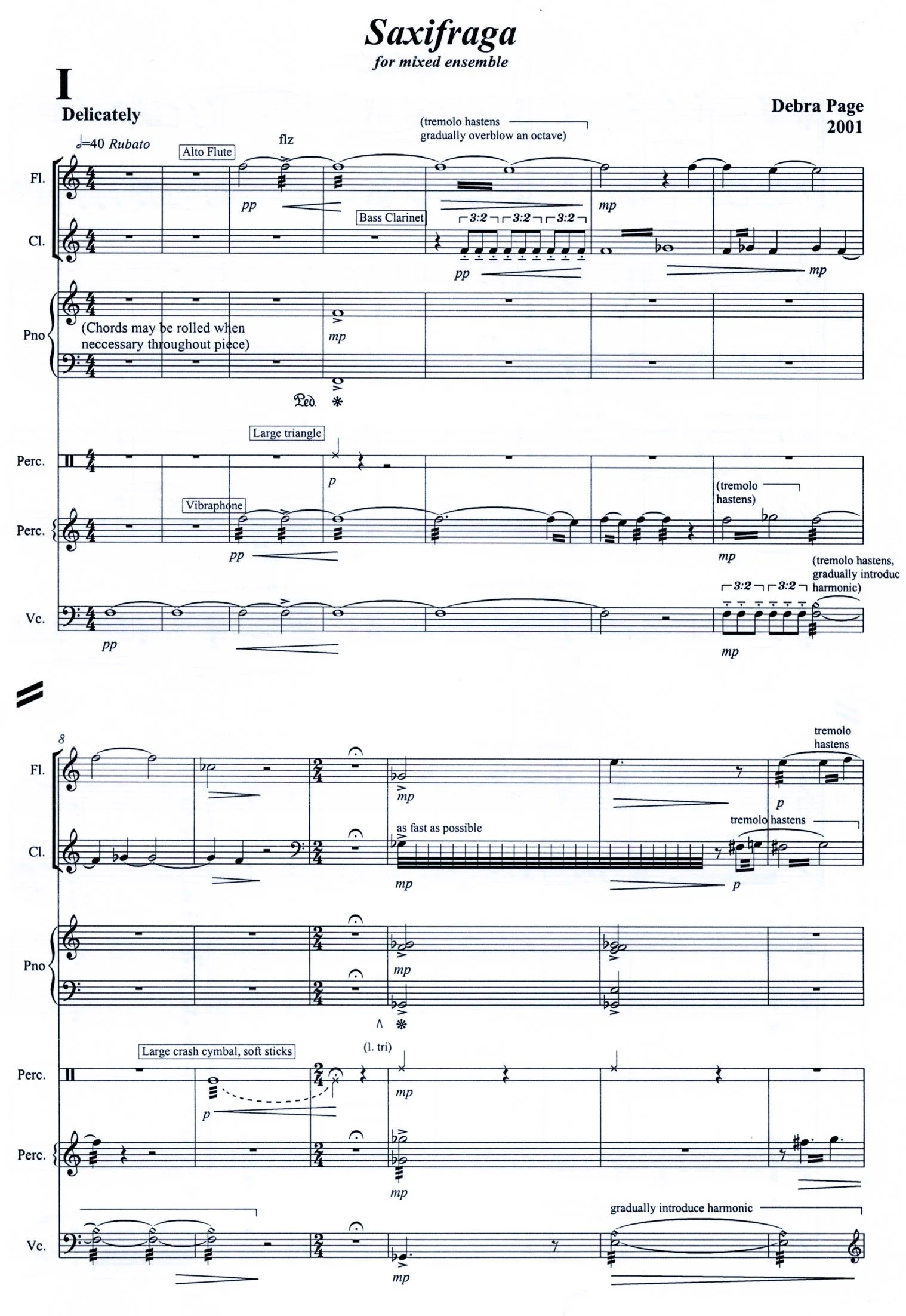 Sheet music titled 'Saxifraga for mixed ensemble' composed by Debra Page in 2001. The music includes parts for flute, clarinet, piano, percussion, and cello, with various musical instructions and annotations.