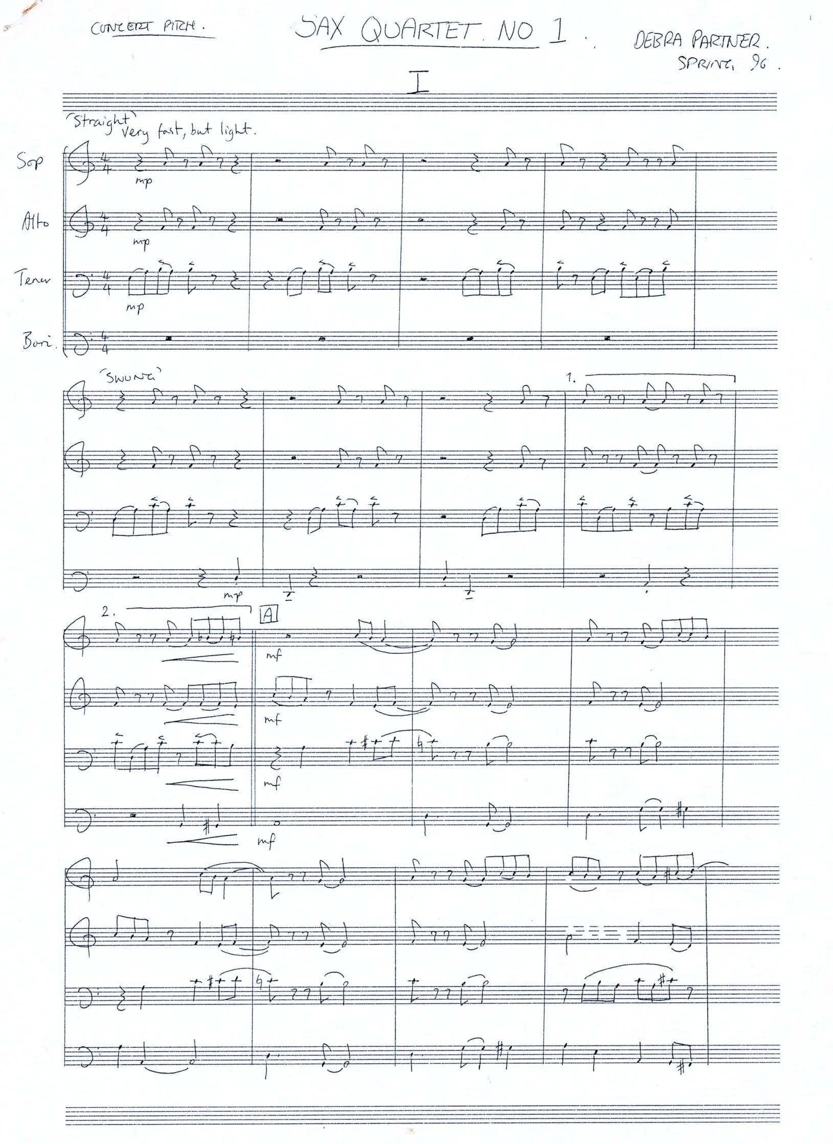 A handwritten sheet of musical notation for a saxophone quartet, titled 'Sax Quartet No 1', composed by Debra Partner (Page). The sheet includes four musical staves labeled Soprano, Alto, Tenor, and Baritone, with annotations and performance notes.