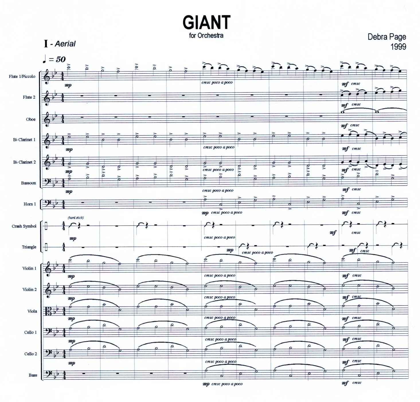 Sheet music titled 'Giant for Orchestra' by Debra Page, 1999, with multiple staves for different instruments.