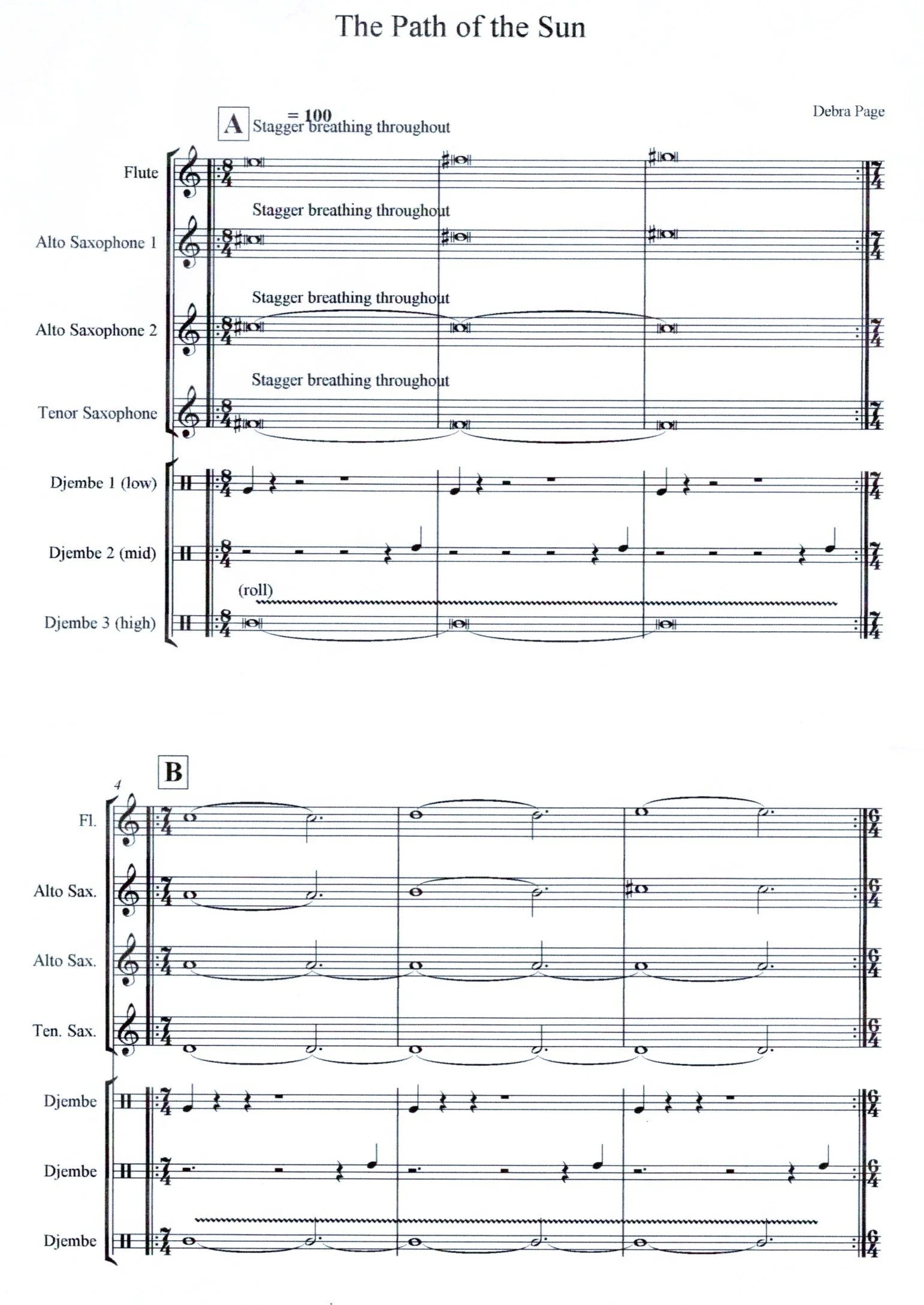 Sheet music titled 'The Path of the Sun' with a musical score for flute, alto saxophone 1, alto saxophone 2, tenor saxophone, and three Djembe drums, including instructions for breathing and rhythm.