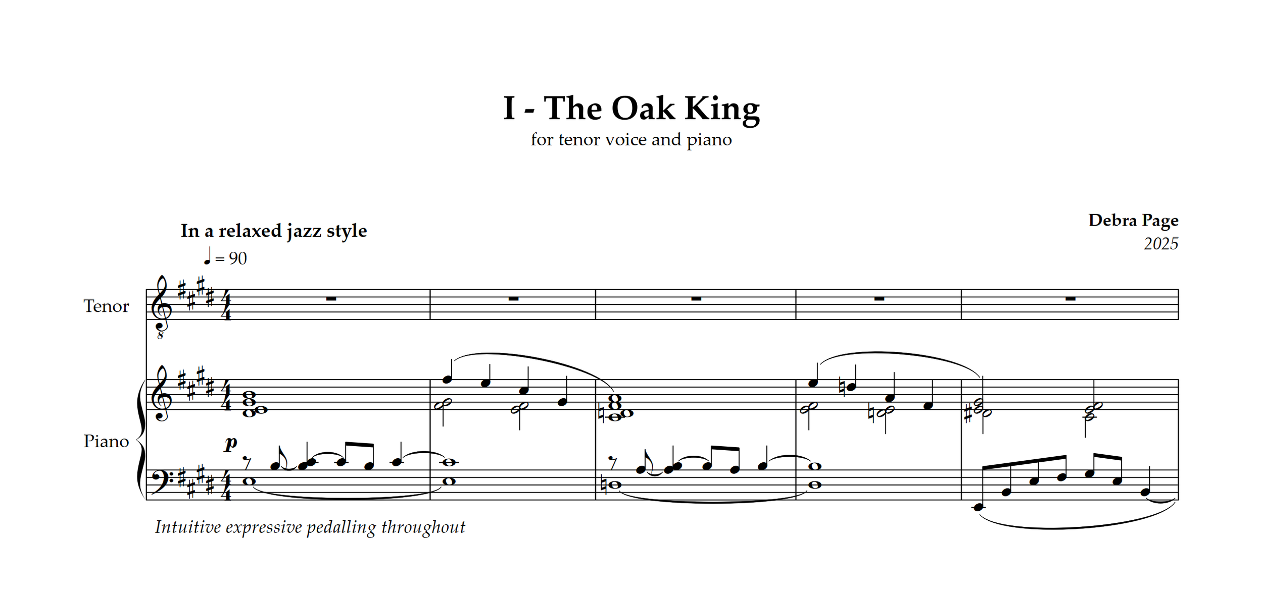 Sheet music titled 'The Oak King' for tenor voice and piano, composed by Debra Page in 2025, with musical notation in a relaxed jazz style.