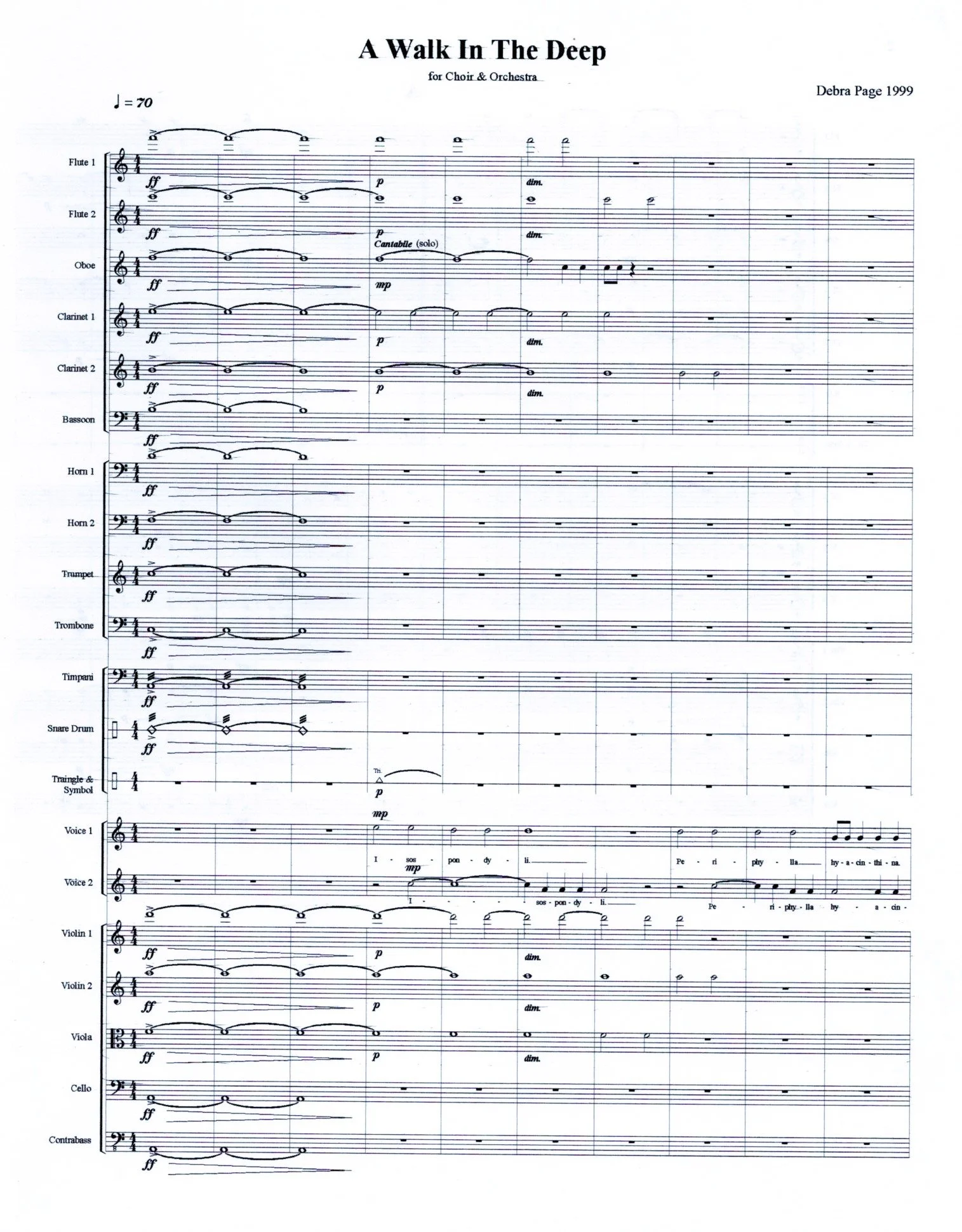 Sheet music titled 'A Walk In The Deep' composed by Debra Page, 1999, arranged for choir and orchestra, with multiple instrumental and vocal parts indicated.