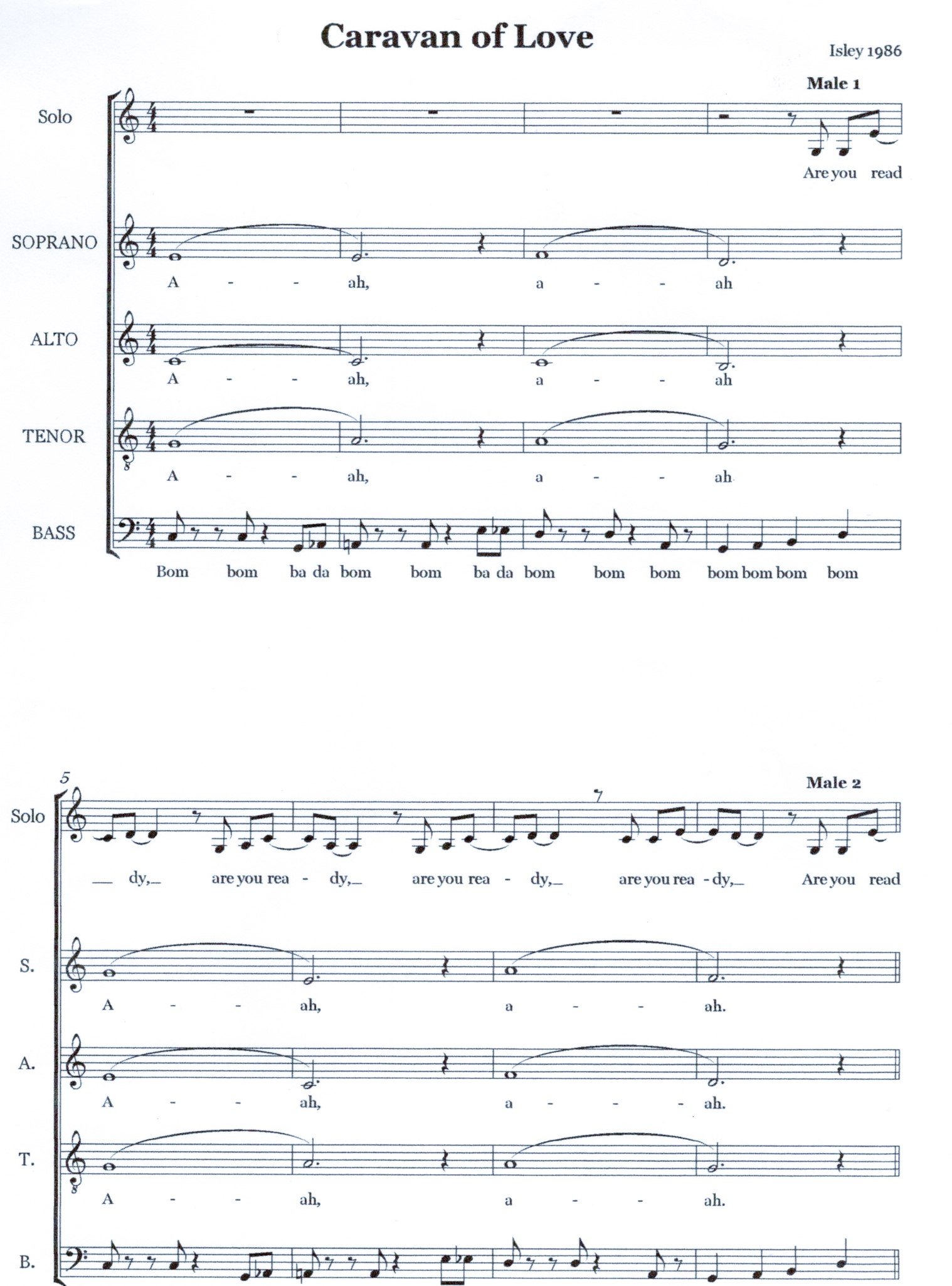 Sheet music titled 'Caravan of Love' with lyrics and musical notation for multiple vocal parts, including solo, soprano, alto, tenor, bass, and labels 'Male 1', 'Male 2', and 'Male 3'.