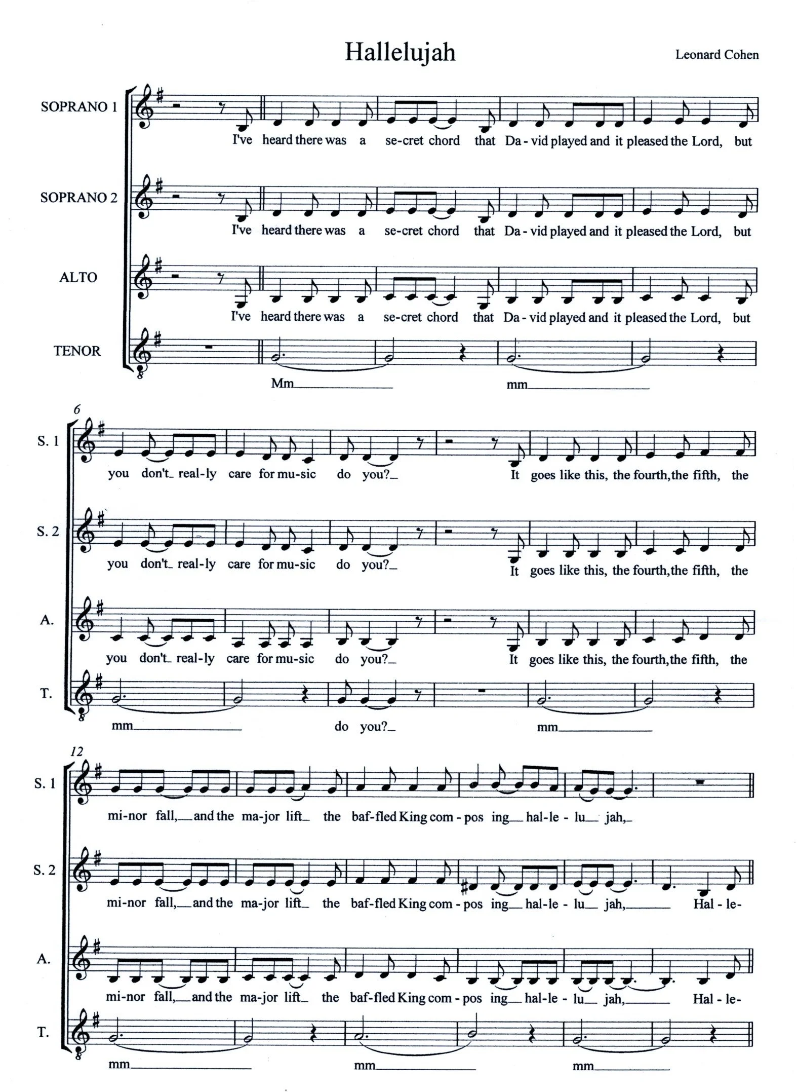 Sheet music titled 'Hallelujah' by Leonard Cohen, featuring vocal and musical notation with lyrics.