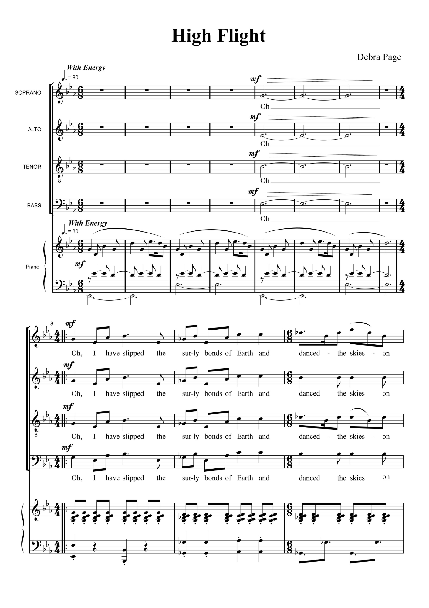 Sheet music titled 'High Flight' by Debra Page, featuring parts for soprano, alto, tenor, bass, and piano, with lyrics about slipping the surly bonds of Earth and dancing the skies.