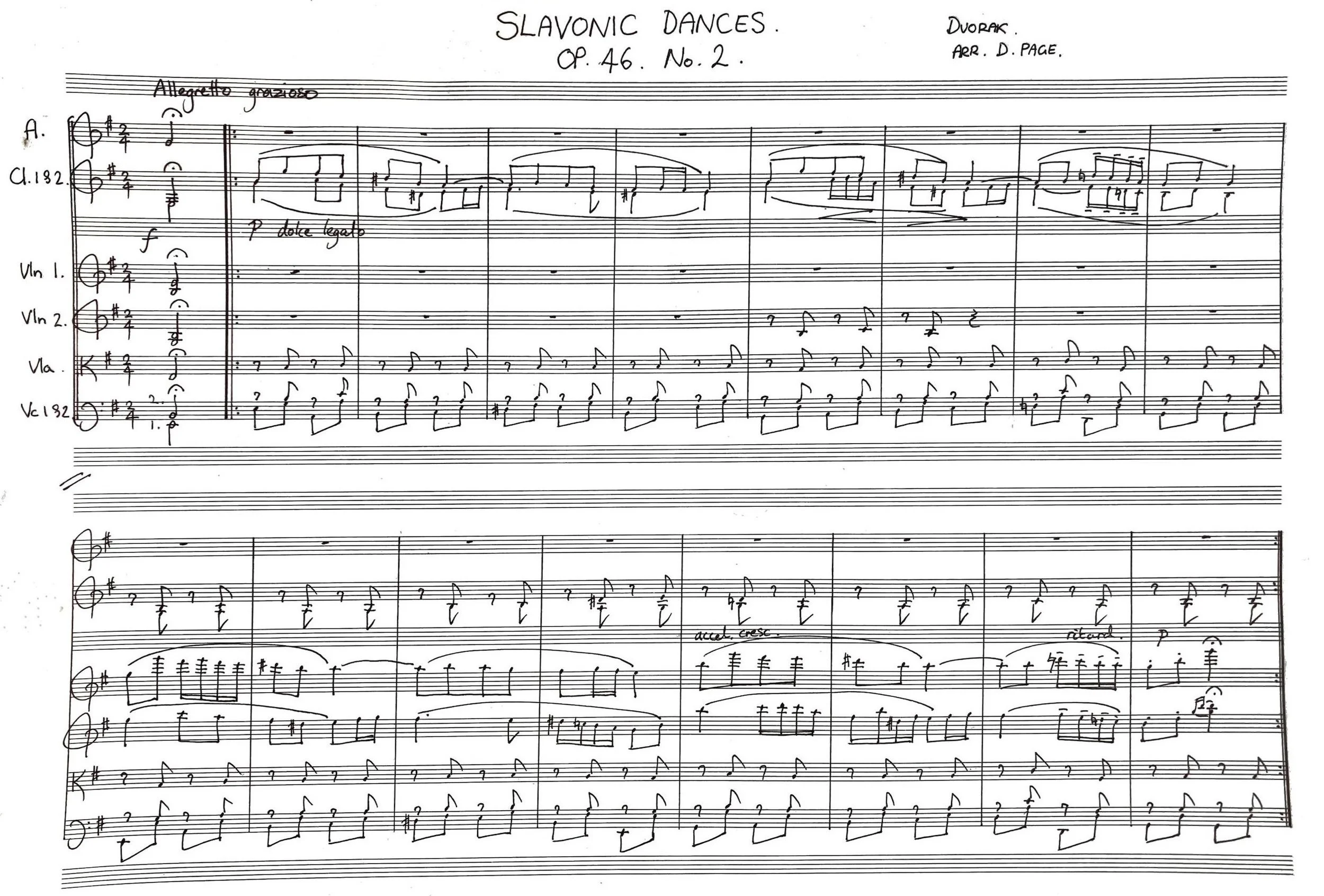 Page of musical notation for Slavonic Dances, Op. 46, No. 2, composed by Dvorak and arranged by D. Page. The sheet music includes various notes and dynamics markings.