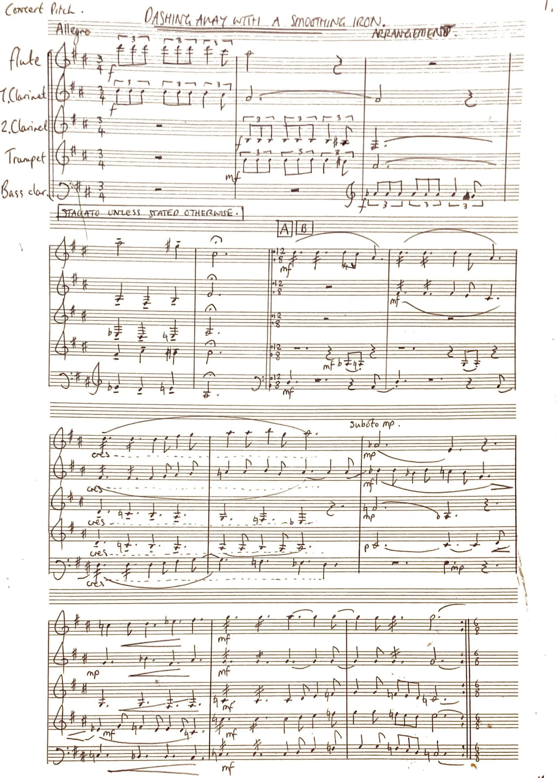Handwritten musical score titled "Concert Pitch" with notes for flute, clarinet, trumpet, and bass clarinet, including performance instructions like "Dashing Away with a Smoothing Iron" and dynamic markings.