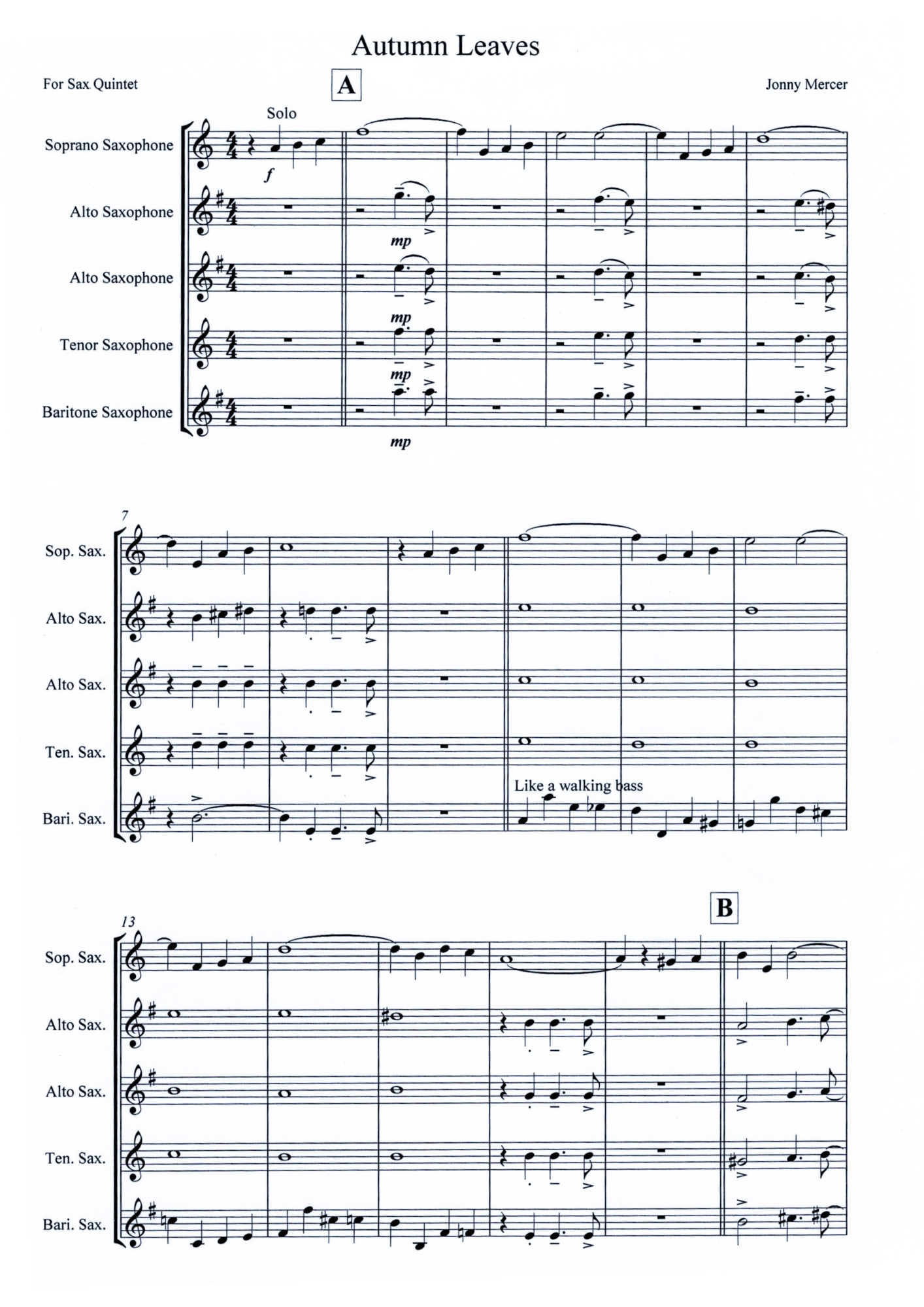 Sheet music titled "Autumn Leaves" arranged for saxophone quintet, featuring parts for soprano, alto, tenor, and baritone saxophones. The sheet includes musical notes, dynamics, and performance markings.