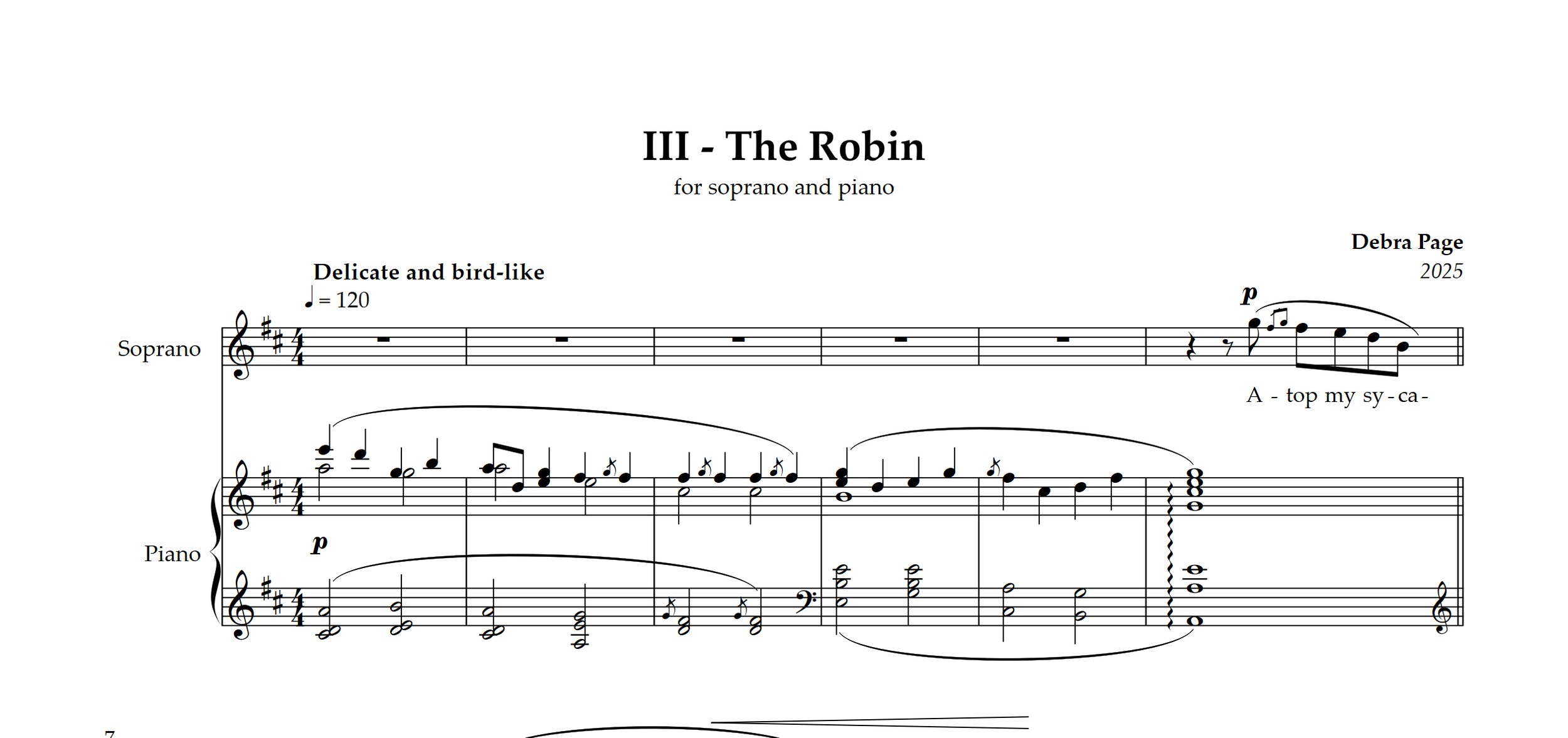 Sheet music titled 'III - The Robin' for soprano and piano, showing musical notation, lyrics, and performance instructions.