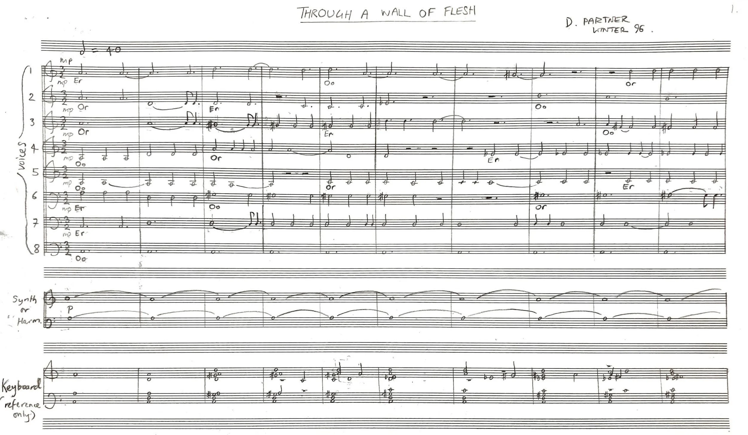 Handwritten musical score titled "Through a Wall of Flesh" by D. Partner, Winter 96, with multiple staves, notes, and musical notations.