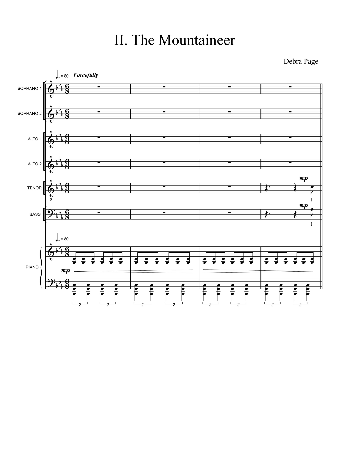 Sheet music titled "II. The Mountaineer" by Debra Page, with musical notation for multiple voices and piano accompaniment.