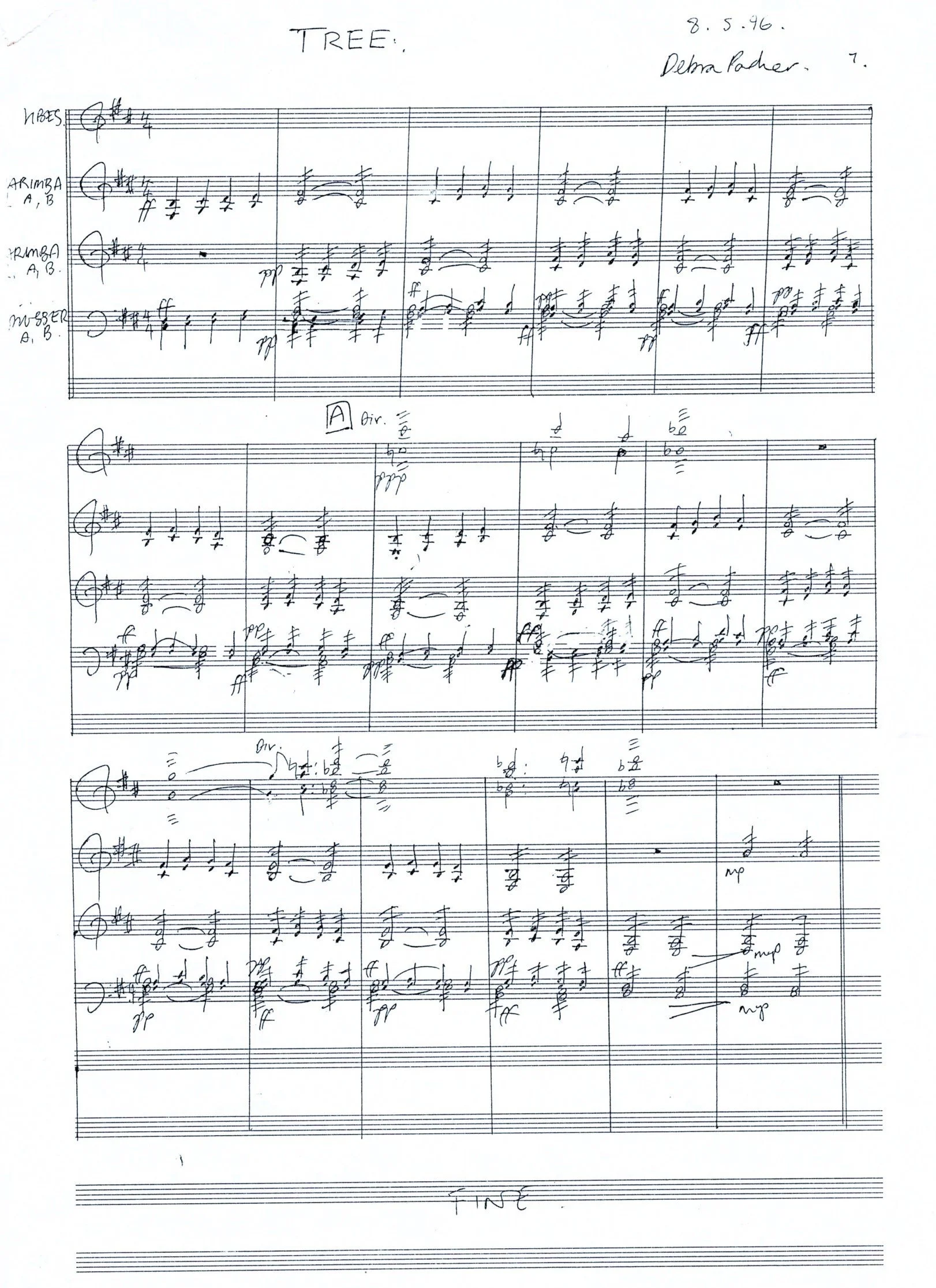 Handwritten musical score titled 'Tree' with notes and annotations, dated 8.5.96, by Debra Partner (Page).