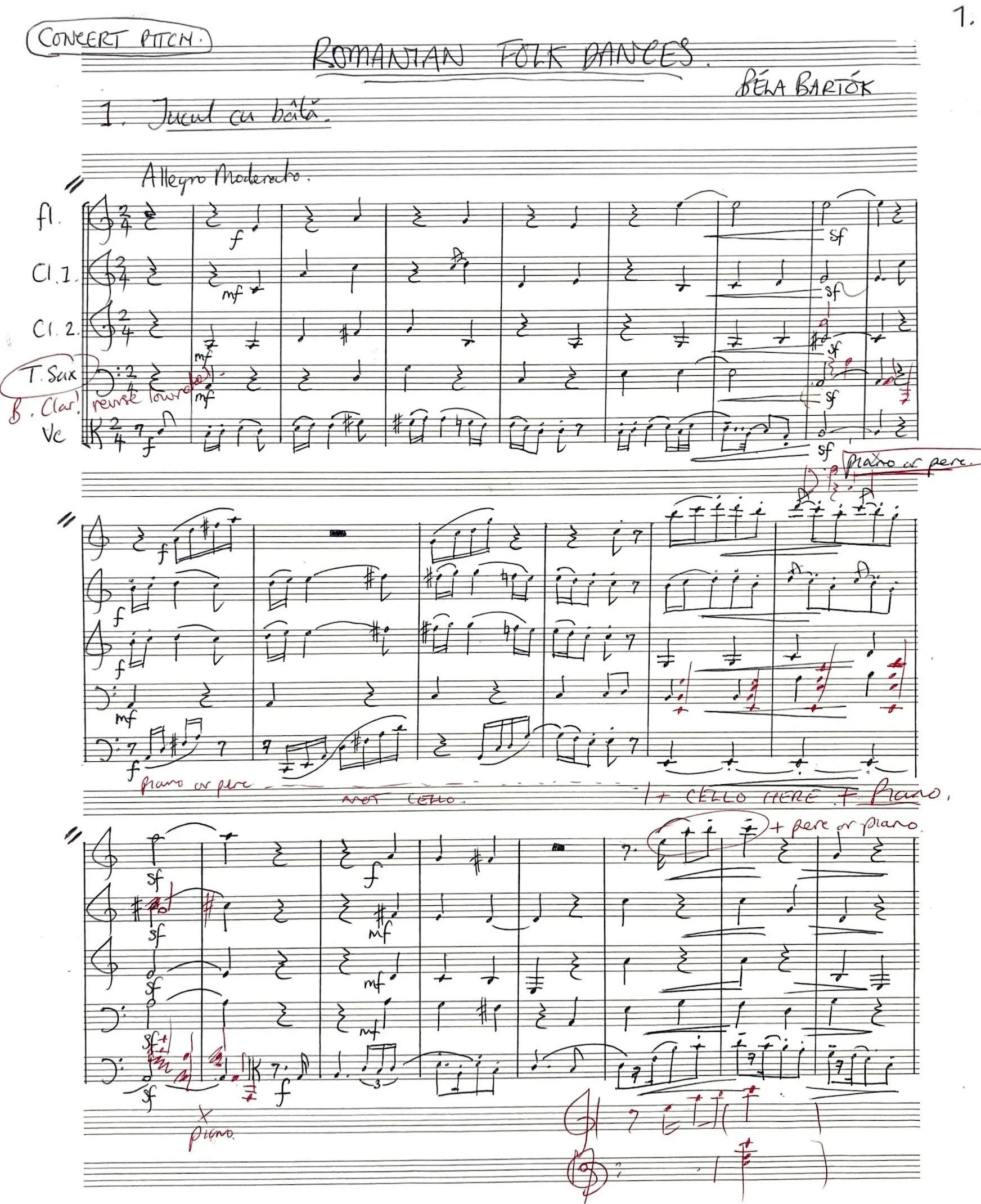 Handwritten musical score titled 'Romanian Folk Dances' by Béla Bartók, with annotations and markings in red and black ink, including dynamics, fingerings, and notes for various instruments.