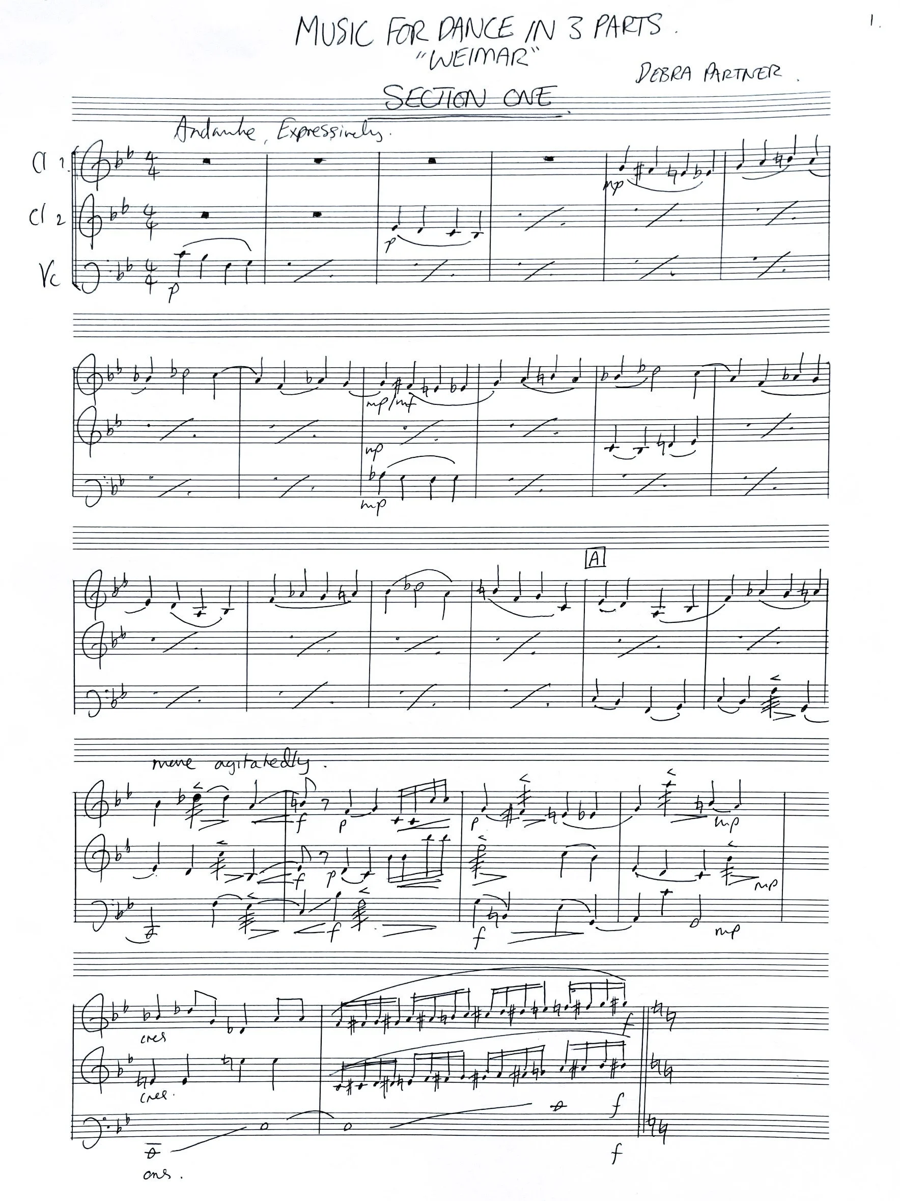 Handwritten sheet music titled "Music for Dance in 3 Parts 'Weimar'" composed by Debra Partner. It includes musical notations with dynamics and expressive markings, written on lined staff paper.