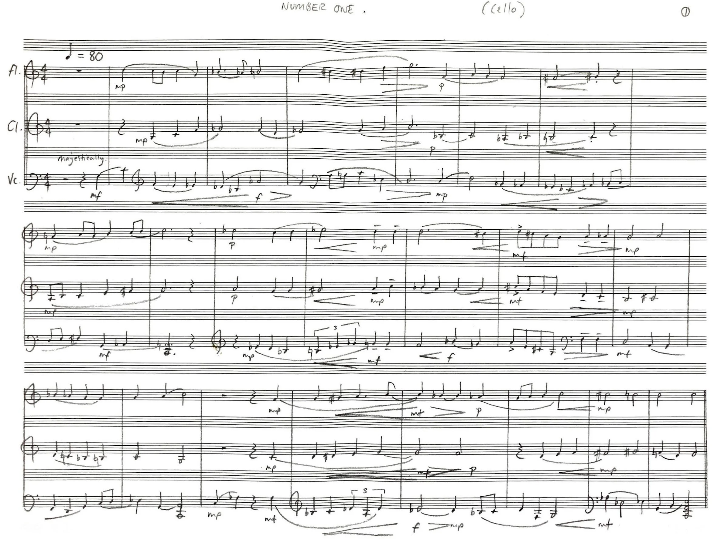 A handwritten musical score for a piece titled 'Number One' with multiple staves and musical notations.