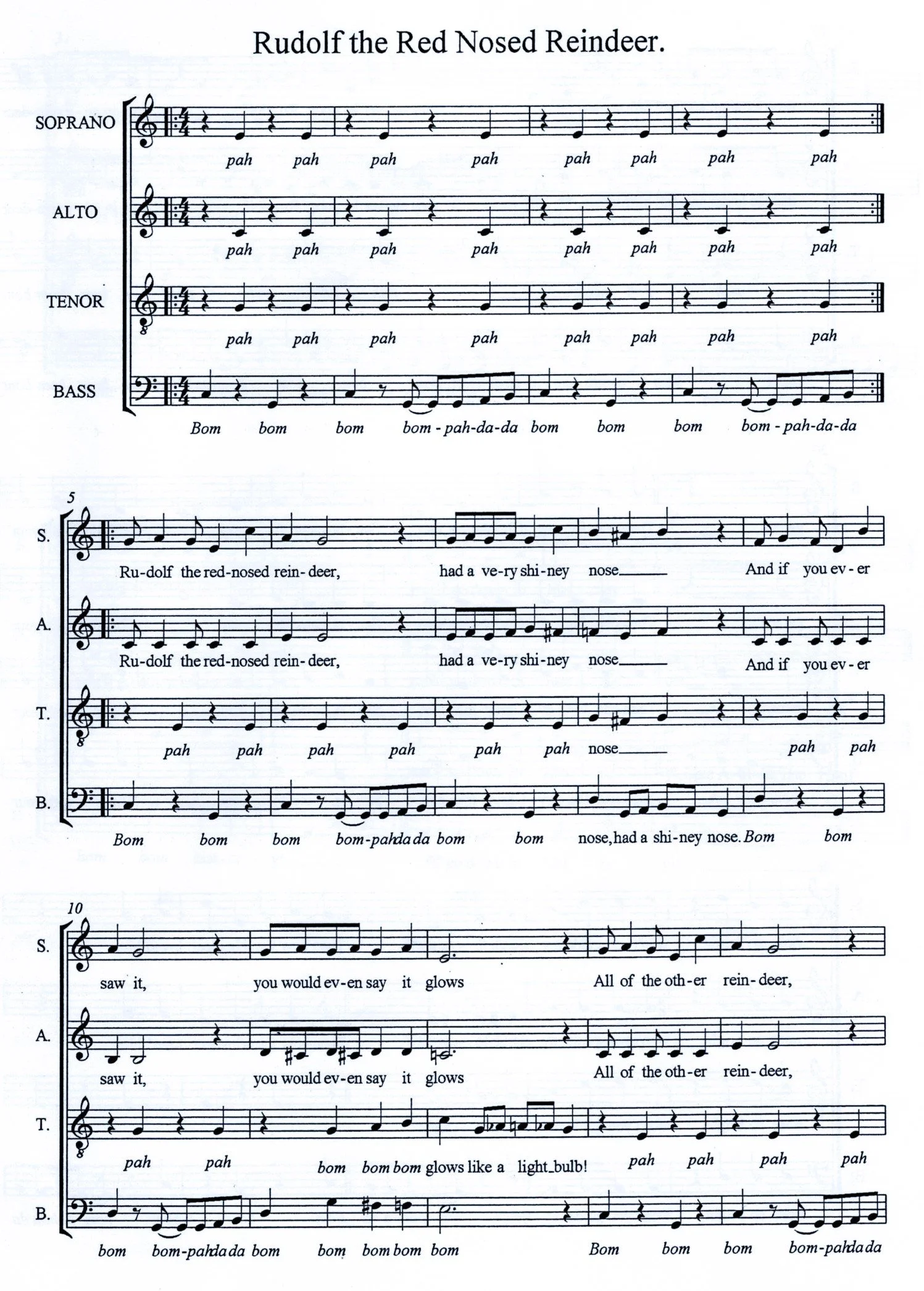 Sheet music titled 'Rudolf the Red Nosed Reindeer' with lyrics and musical notes for multiple voice parts, including soprano, alto, tenor, bass, and bass, containing lyrics about Rudolph's nose and glowing lights.