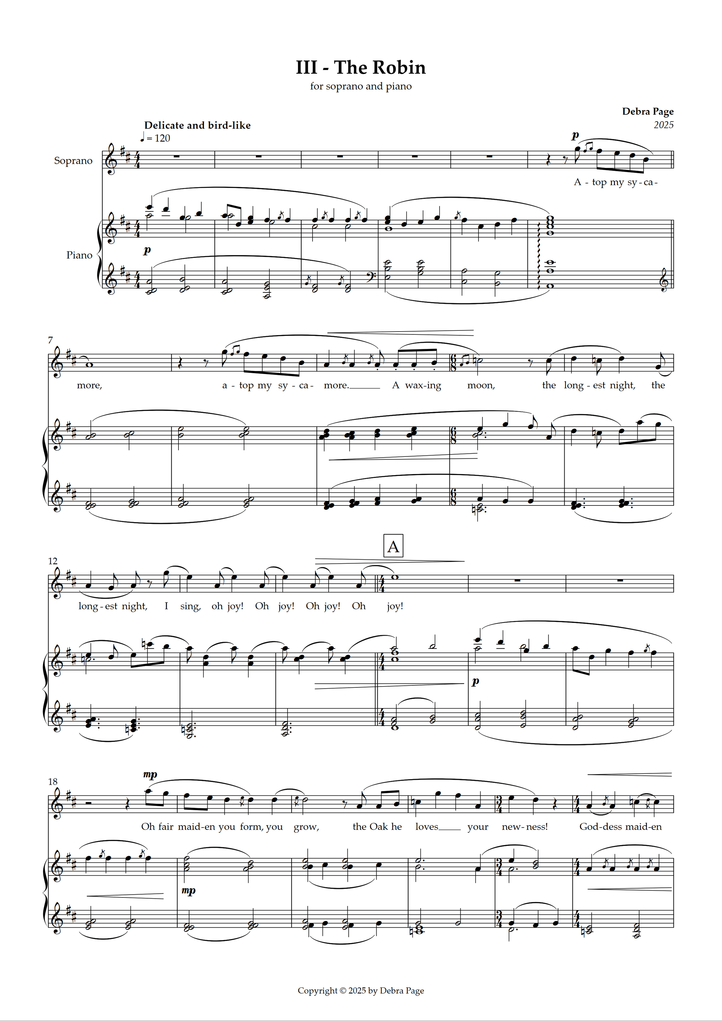 Music sheet titled "III - The Robin" for soprano and piano by Debra Page, 2025, featuring musical notation and lyrics about a robin and a waxing moon.