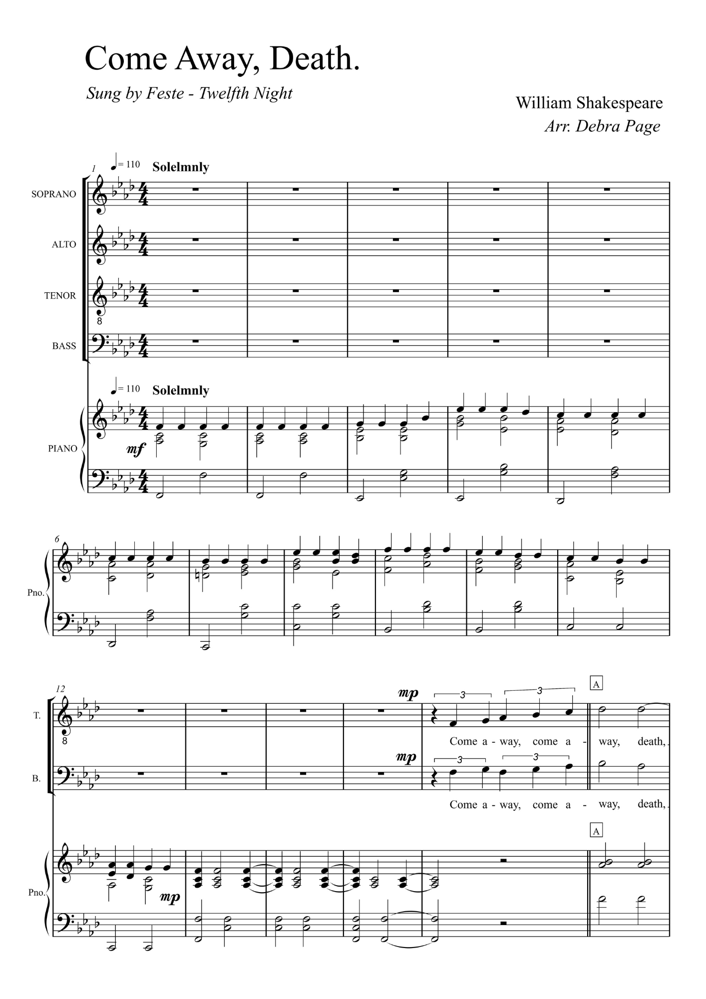 Sheet music for the song "Come Away, Death" from William Shakespeare's Twelfth Night, arranged by Debra Page, featuring musical notation for soprano, alto, tenor, bass, piano, and tenor voices.