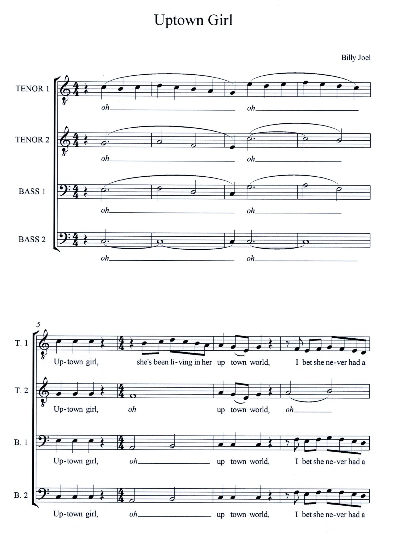 Sheet music titled 'Uptown Girl' by Billy Joel, with notation for vocal parts and lyrics that include the phrase 'Up-town girl' and the word 'oh' in the vocal arrangement.