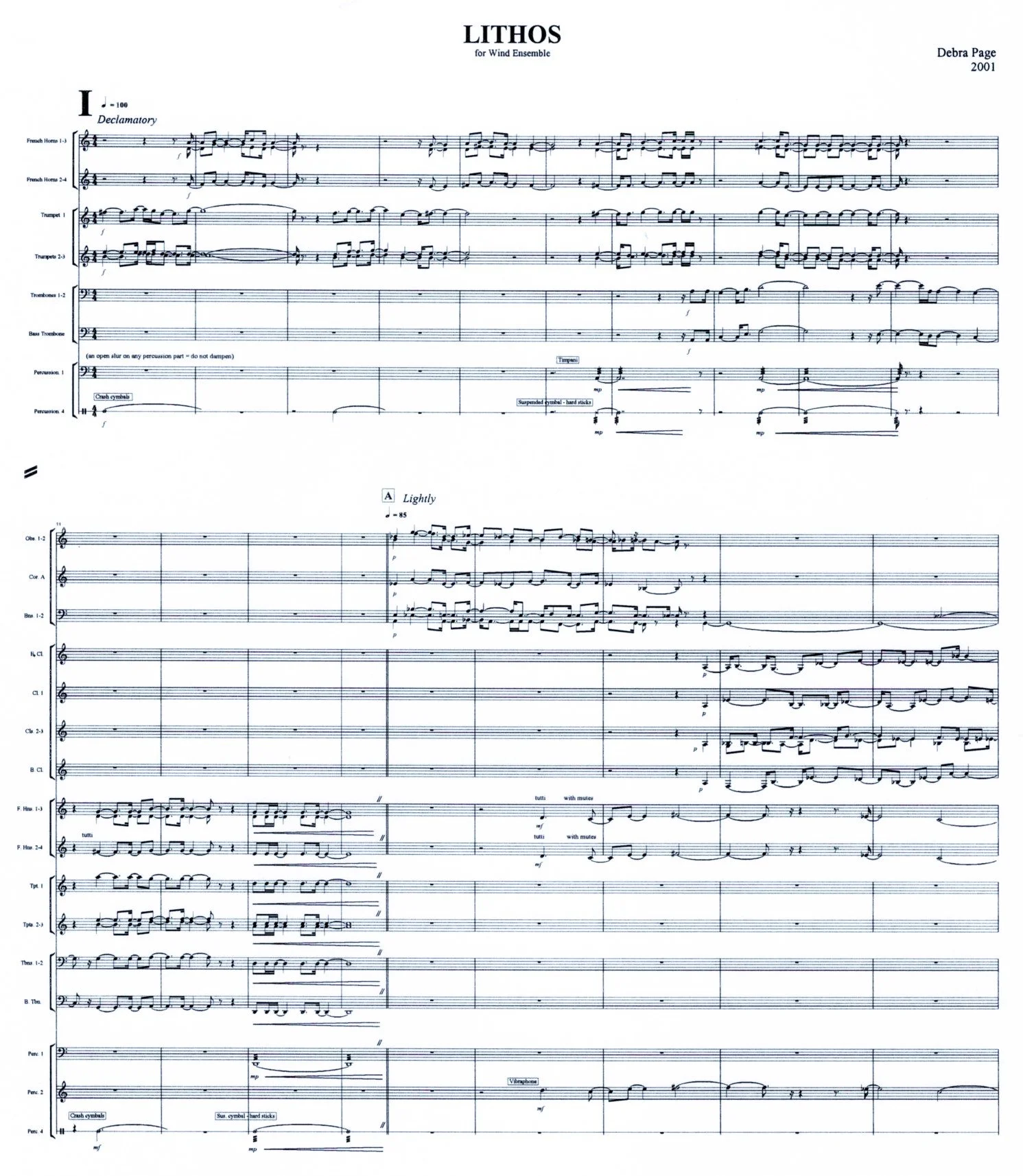 Sheet of musical notation with multiple staves and musical notes, titled "LITHOS" for wind ensemble, composed by Debra Page, dated 2001.