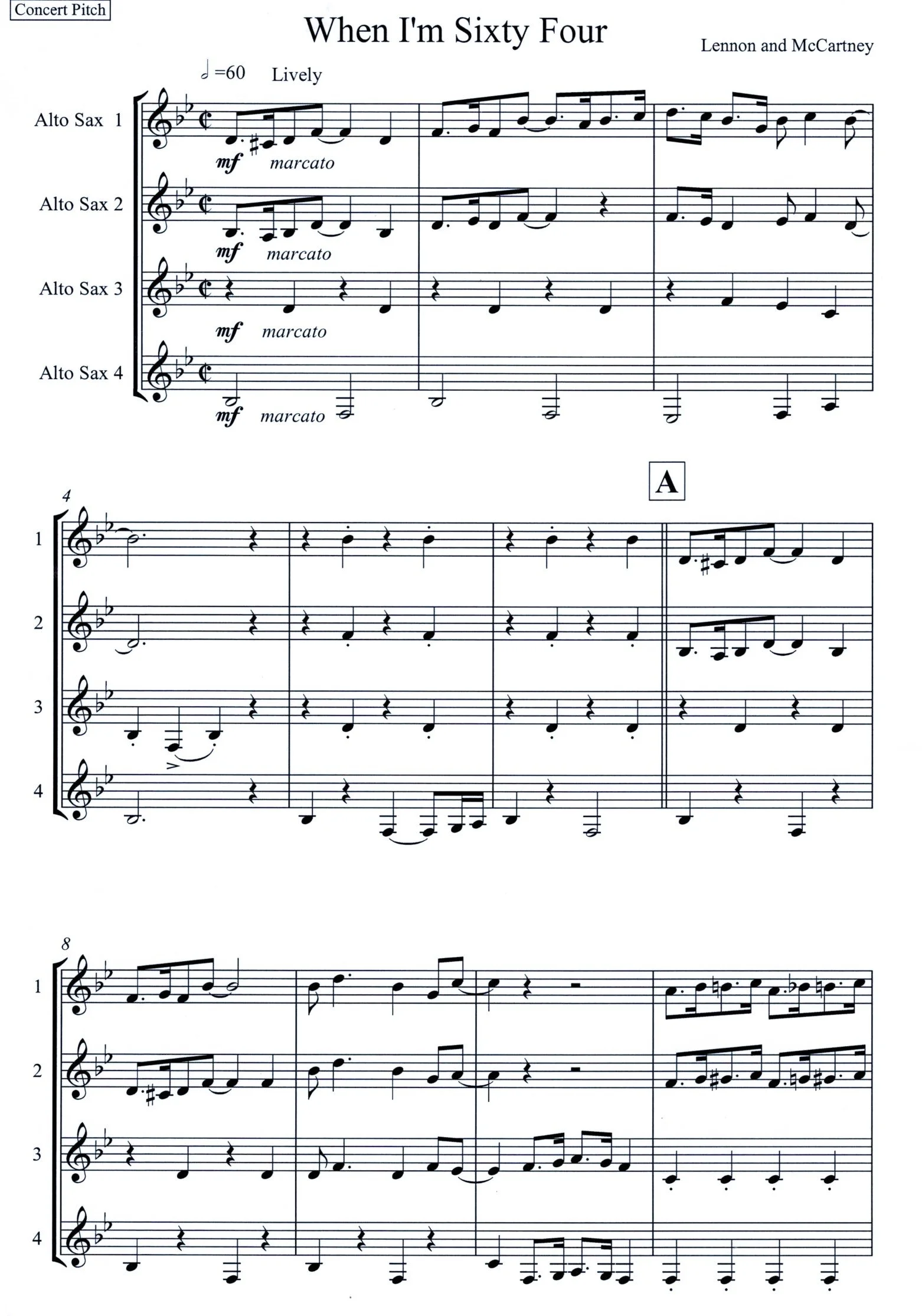 Music sheet titled 'When I’m Sixty Four' by Lennon and McCartney, with parts for four altos, marked as lively and mezzo-forte, featuring notation for saxophones and various musical notes.