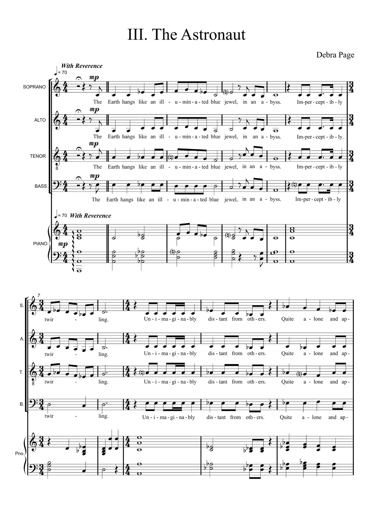 Sheet music titled "The Astronaut" composed by Debra Page, with notation for soprano, alto, tenor, bass, and piano parts, including lyrics and musical annotations.