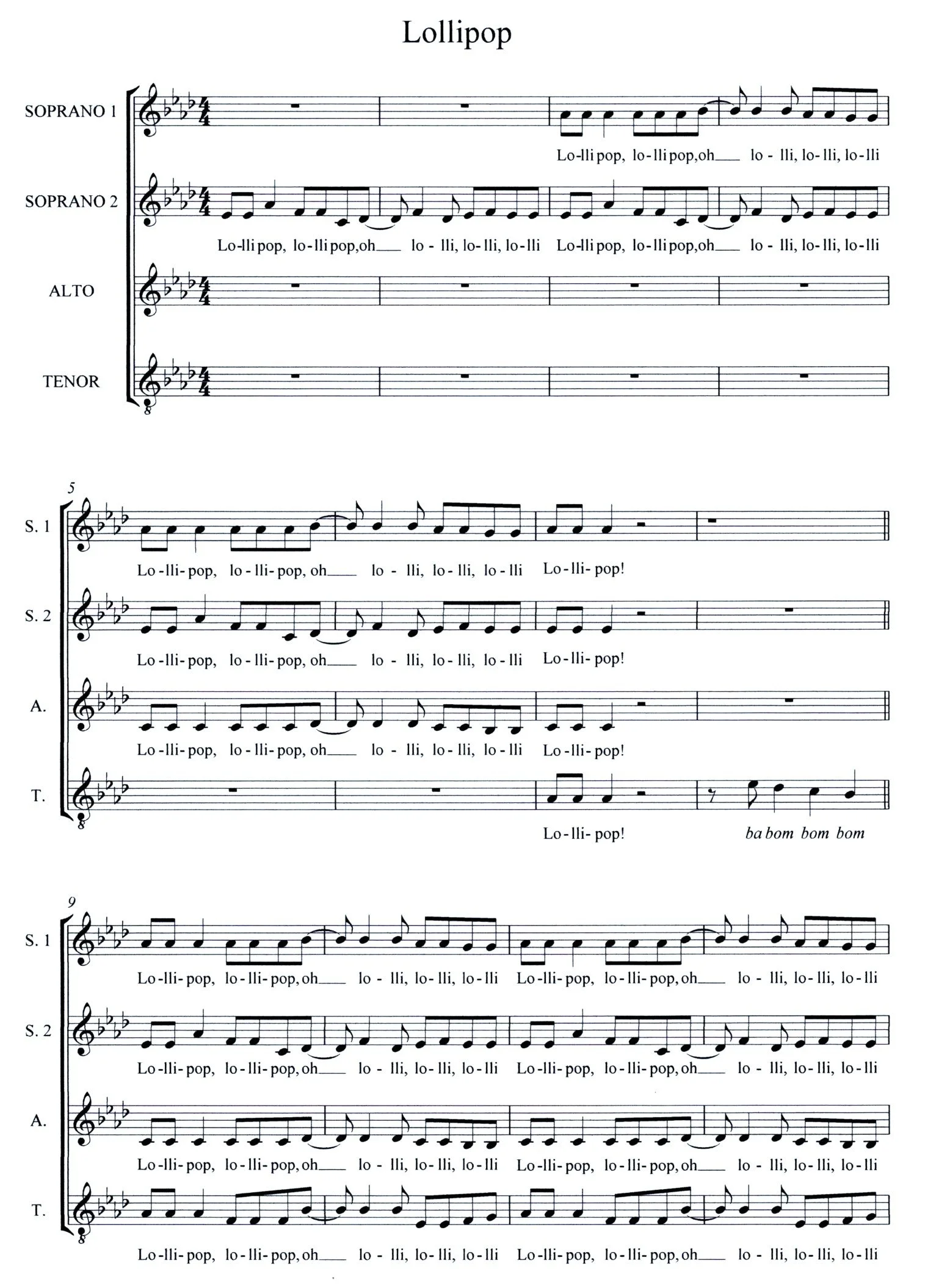 Sheet music titled "Lollipop" with lyrics and music for multiple vocal parts, including soprano, alto, tenor, and bass, featuring a lively, repetitive melody with lyrics "Lollipop, lollipop, oh" and sounds "ba bomb bomb bomb."