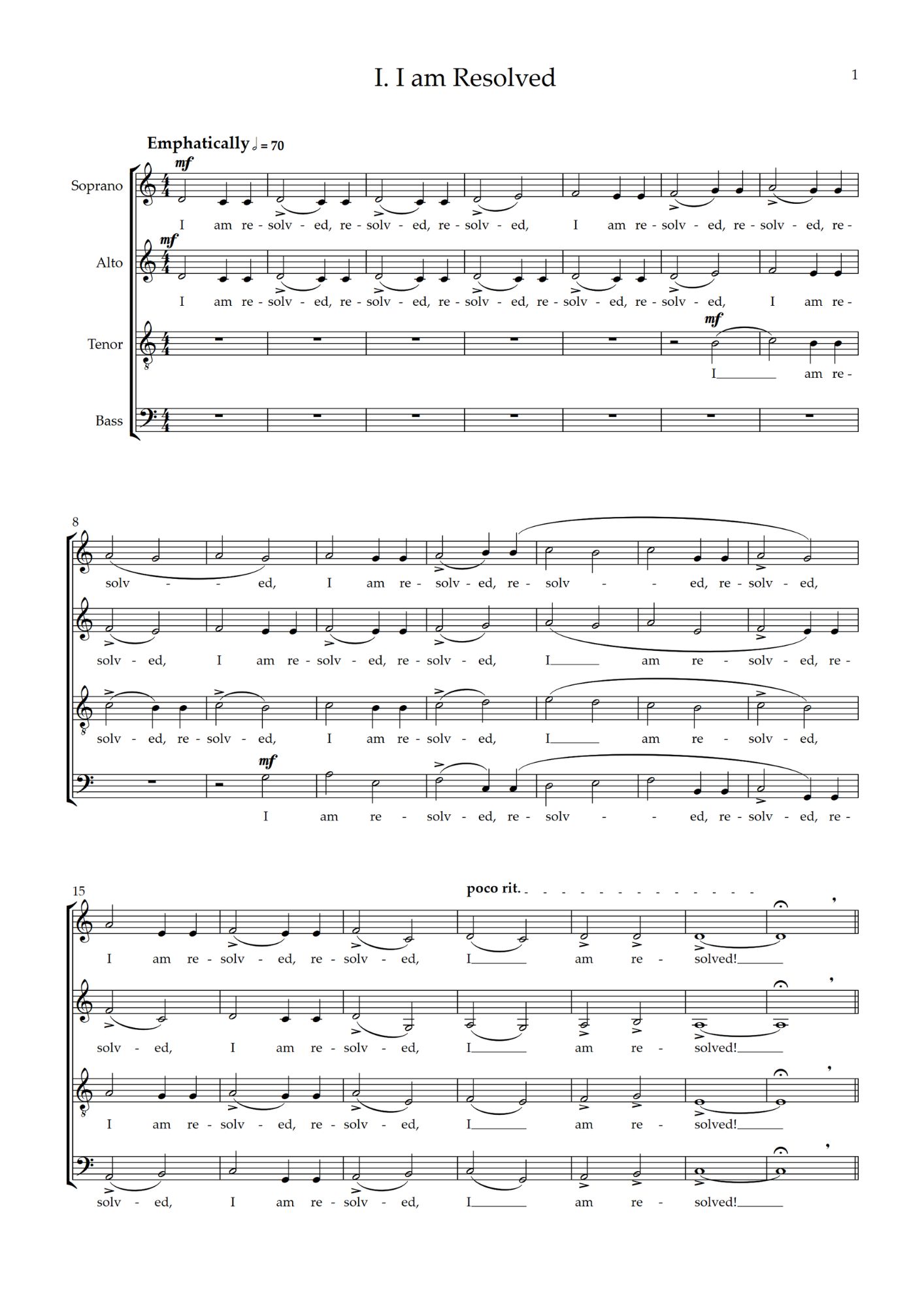 Sheet music with lyrics for a choral piece titled 'I am Resolved,' featuring multiple voice parts including soprano, alto, tenor, and bass.
