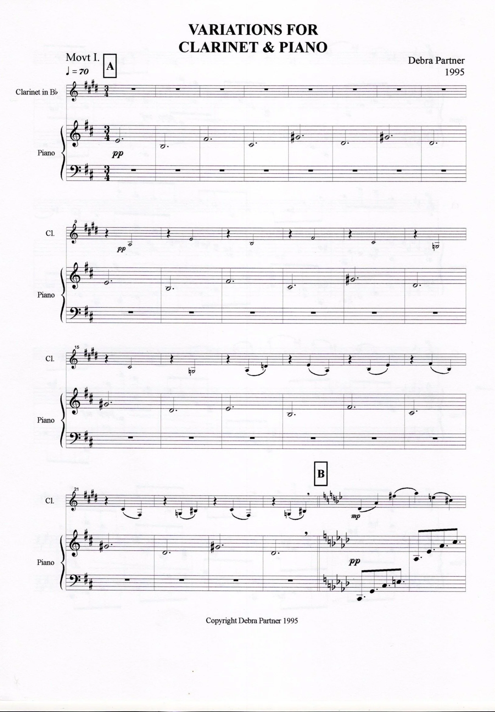 Music sheet titled "Variations for Clarinet & Piano" by Debra Partner (Page), 1995, with notes and annotations for clarinet in B flat and piano parts, featuring dynamic markings and key signatures.