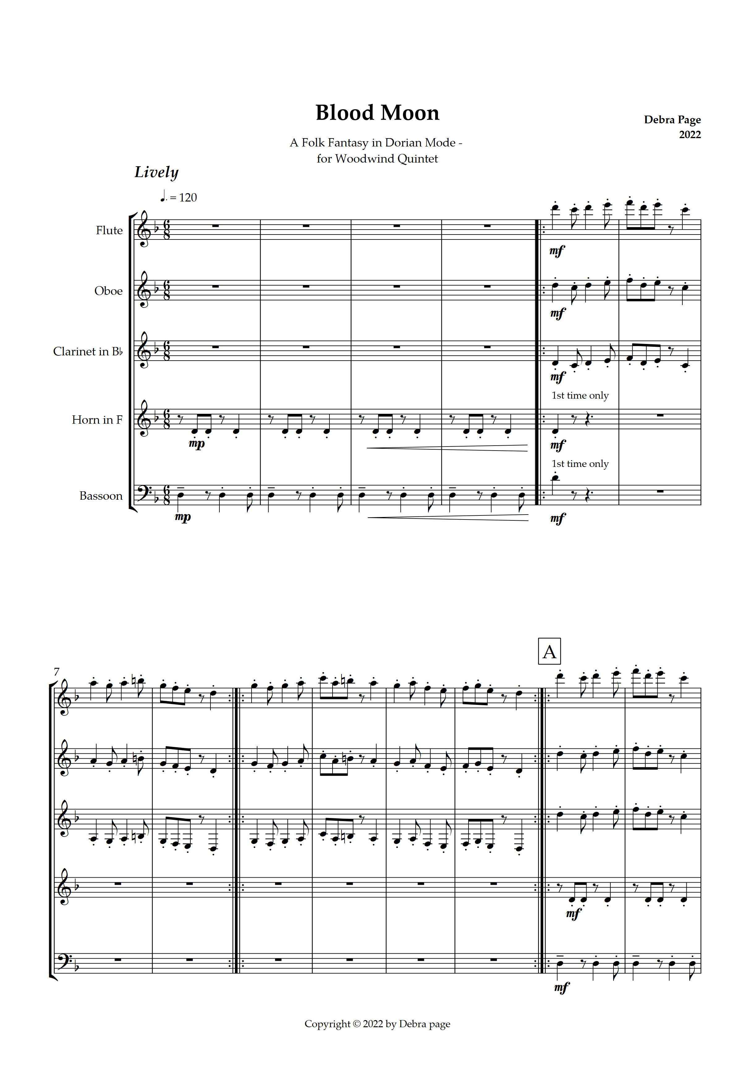 Sheet music titled 'Blood Moon' composed by Debra Page, 2022. The music is marked 'Lively' and is arranged for flute, oboe, clarinet in B♭, horn in F, and bassoon, with musical notation and dynamics.