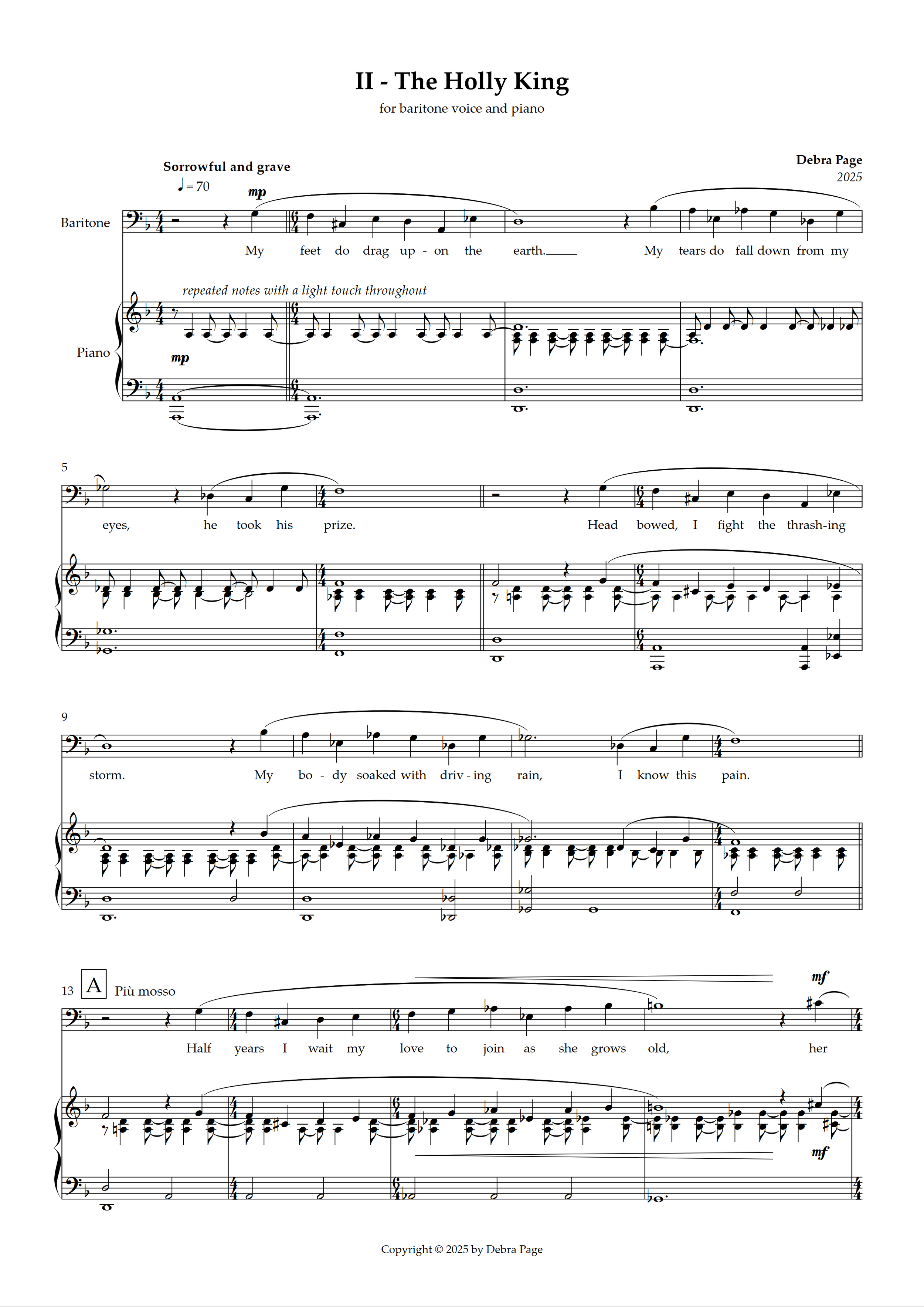Sheet music titled 'II - The Holly King' composed by Debra Page in 2025, for baritone voice and piano, with lyrics about longing and waiting for love, featuring musical notations and performance instructions.