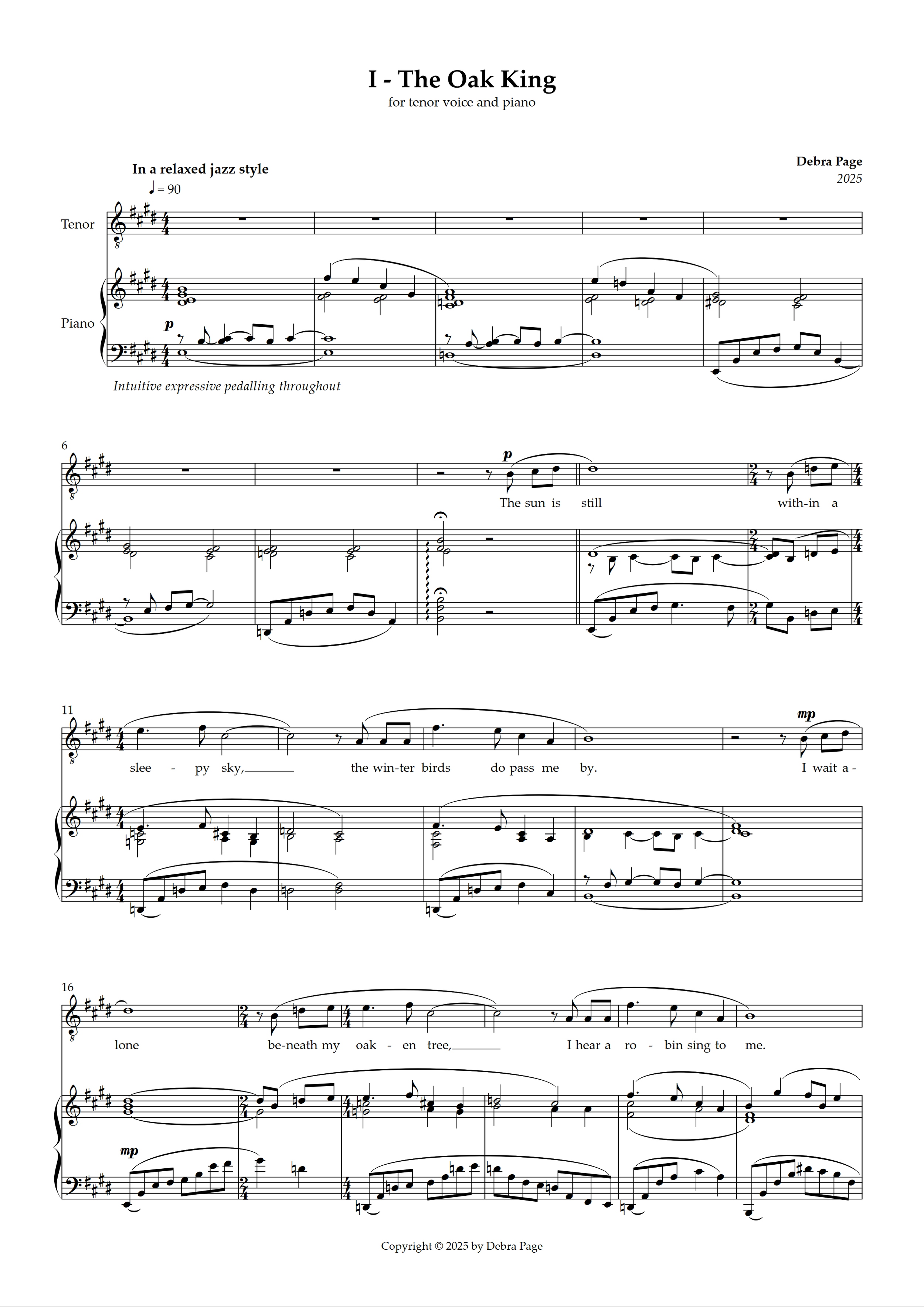 Sheet music for "The Oak King" by Debra Page, featuring musical notes, lyrics, and instructions for performance in a jazz style.