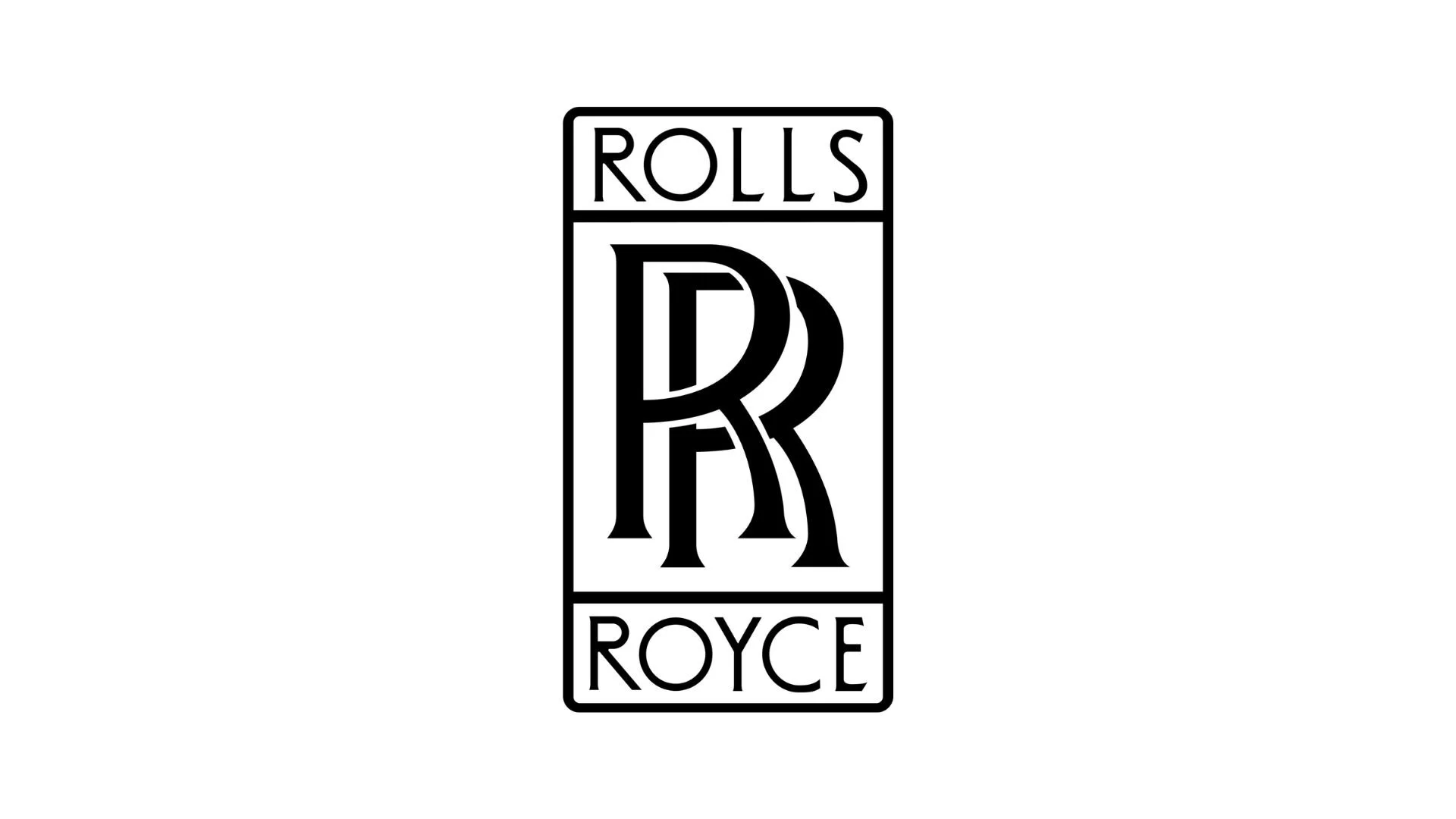Schwarzes Logo eines modernen Rolls-Royce Emblems auf weißem Hintergrund, das den Schriftzug "ROLLS ROYCE" enthält.