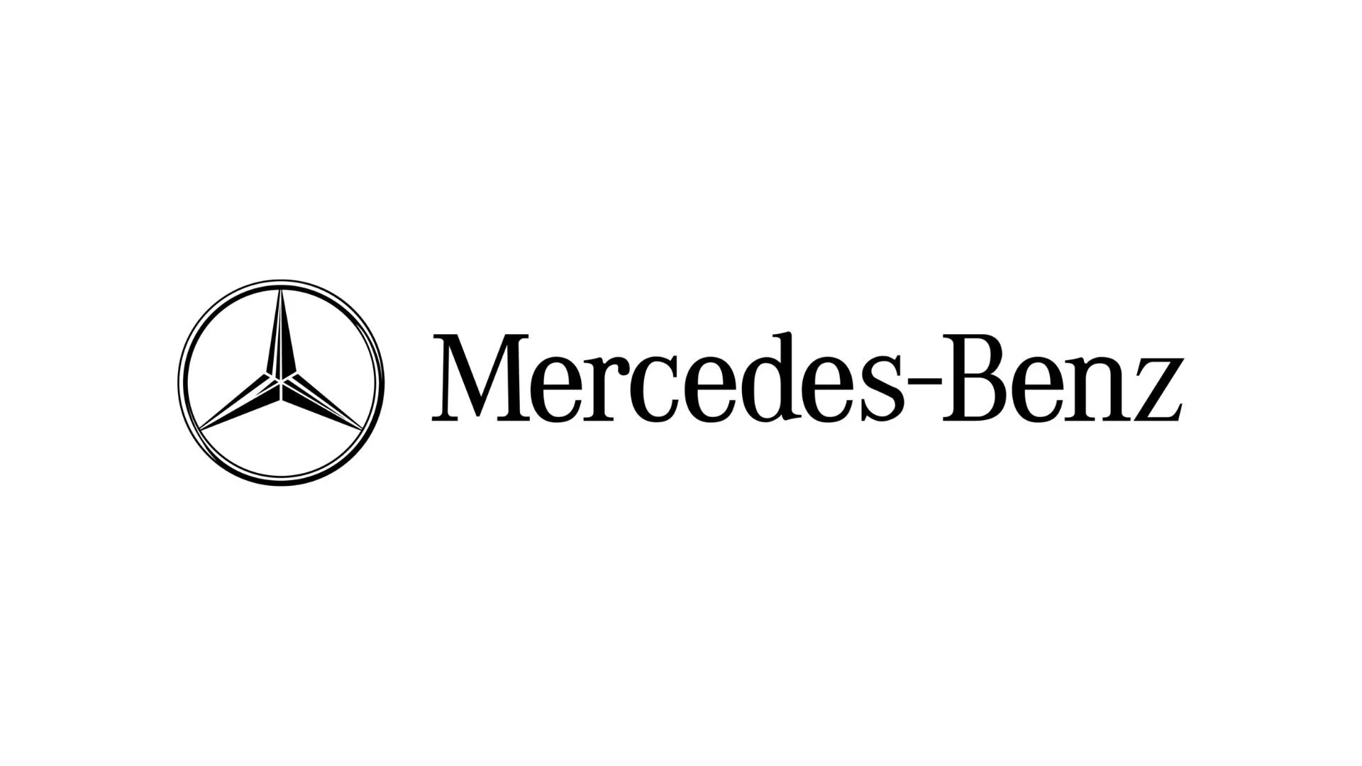 Das Bild zeigt das Logo von Mercedes-Benz, bestehend aus einem stilisierten Stern in einem Kreis, gefolgt vom Text 'Mercedes-Benz' in schwarzer Schrift auf weißem Hintergrund.