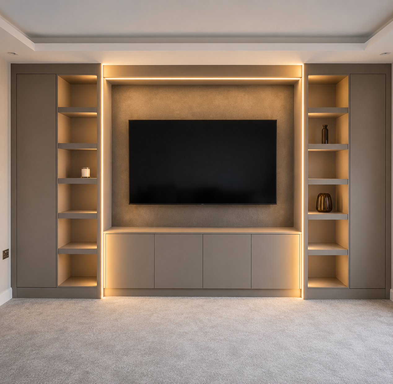 Modern living room entertainment center with a large flat-screen TV mounted on a textured wall, flanked by built-in shelves with decorative items, illuminated by warm LED strip lighting, and a beige carpeted floor.