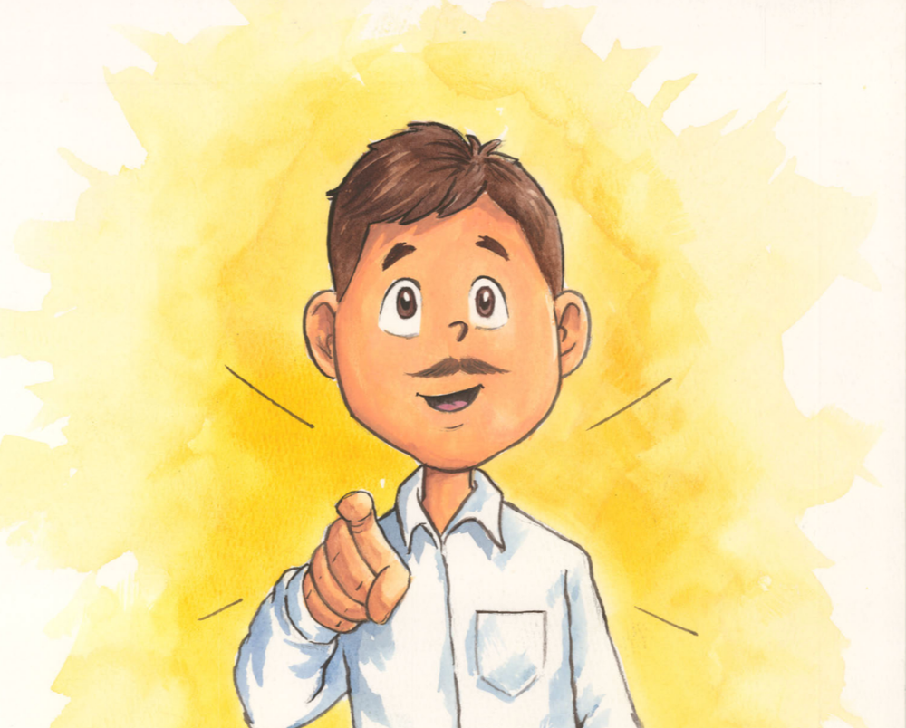Illustration from the book: grown-up Alex smiling and pointing at the reader
