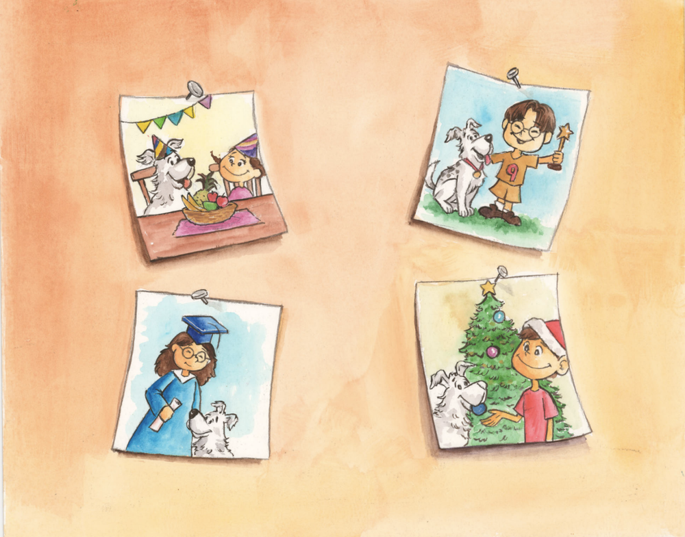 Illustration from the book: four pinned snapshots of birthdays, a graduation and Christmas with the white dog
