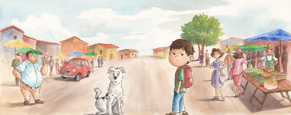 Illustration from the book: young Alex with his backpack and a white dog in a busy market street