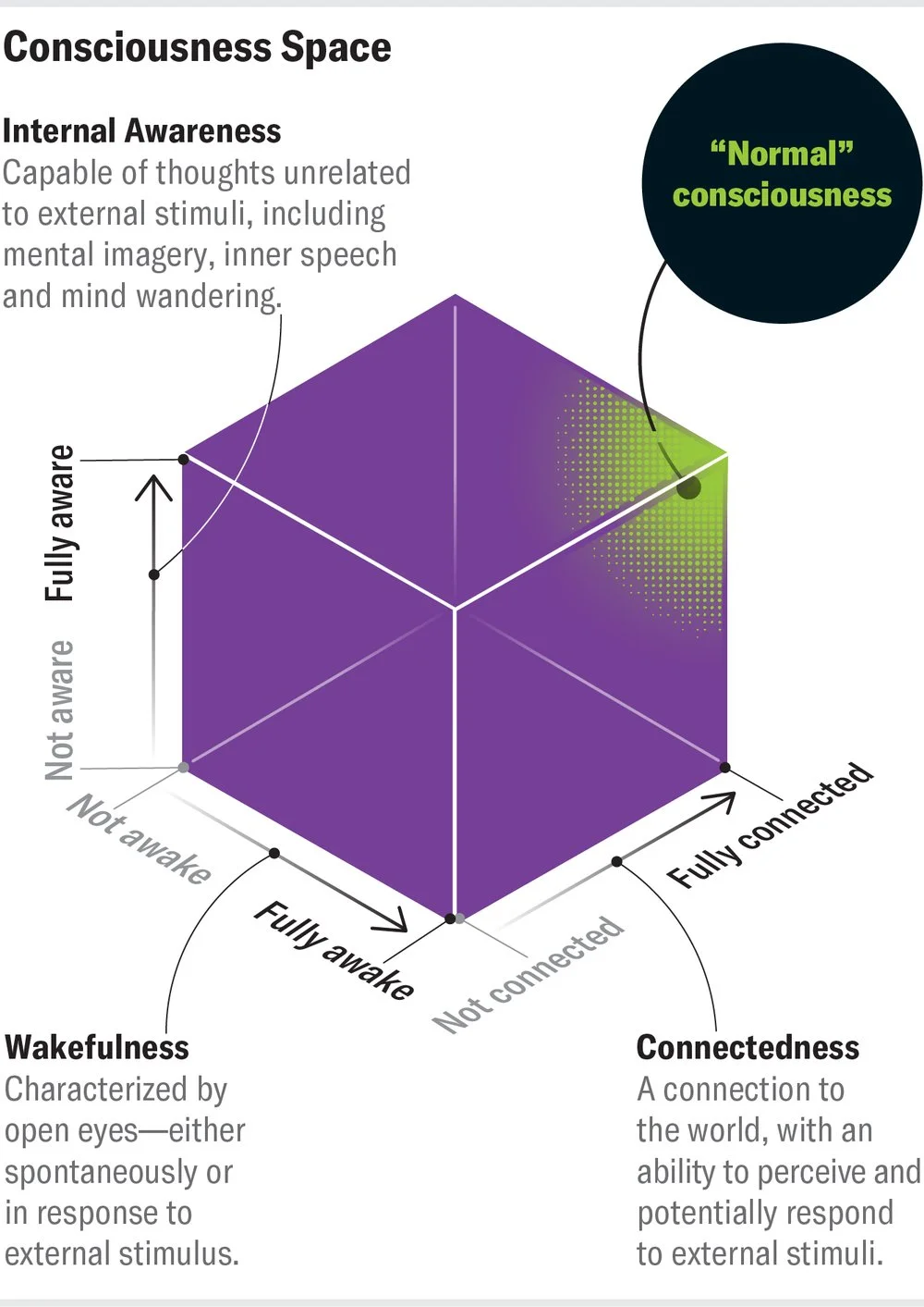 Chart of consciousness space plots three variables on a cube: internal awareness, wakefulness and connectedness.