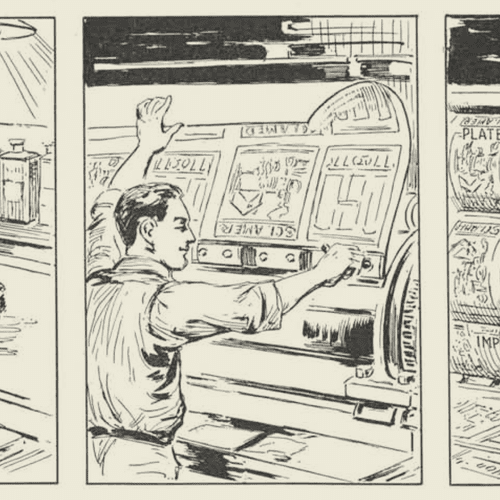 Black and white drawing of an operator running paper through a press.