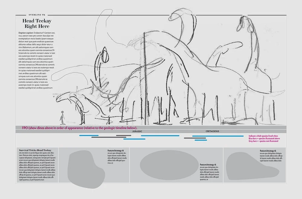 A full-magazine-size sketch of sauropods atop a timeline and series of anatomical detail illustrations.