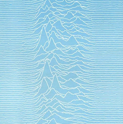 A ridgeline plot of white horizontal lines on a field of cyan. All lines jump up and create jagged mountainous forms in the central third of the image.