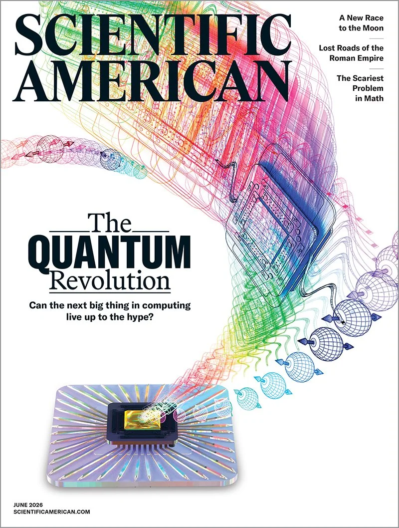 Cover of the June 2026 issue of Scientific American, featuring a spectrum of probability waves and qubits emerging from a computer processing unit.