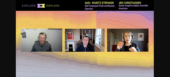 Screenshot of a podcast video recording. Three people are each in a separate frame.