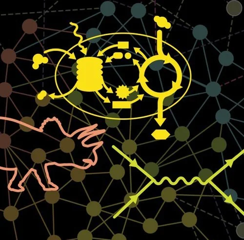 In this decorative image, a network diagram in the background is overlaid with line drawings of a dinosaur, photosynthesis schematic and a Feynman diagram.