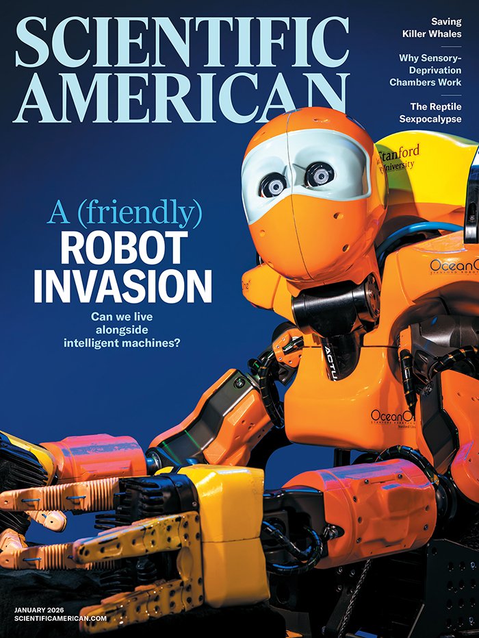 Scientific American magazine cover featuring a photograph of an anthropomorphic robot.