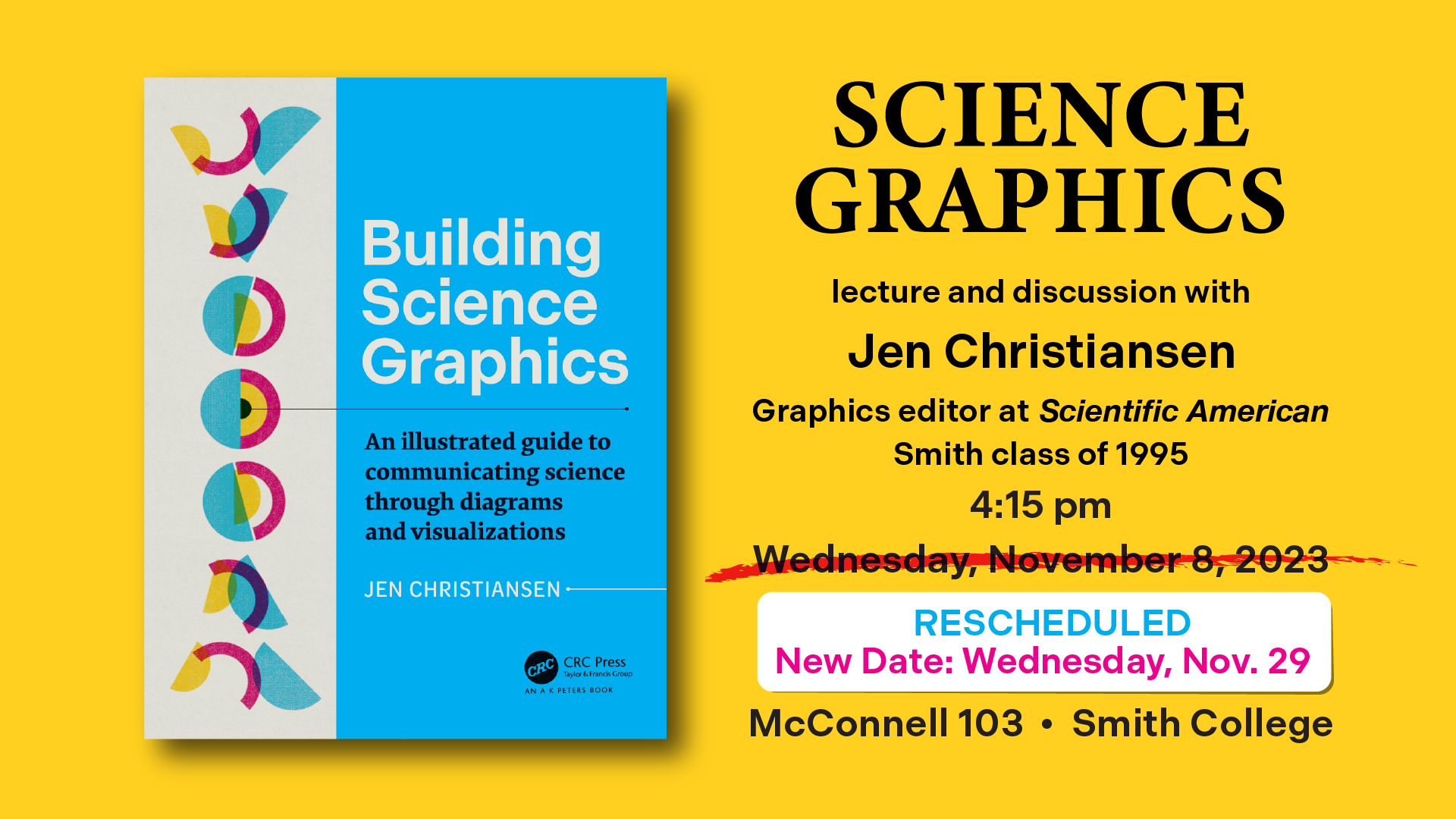 Promotional poster with an image of the Building Science Graphics book cover and lecture time and place details.