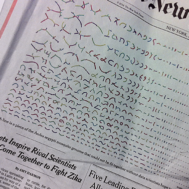 Detail of the front page of a newspaper featuring a graphic composed of a series of short colorful squiggly lines