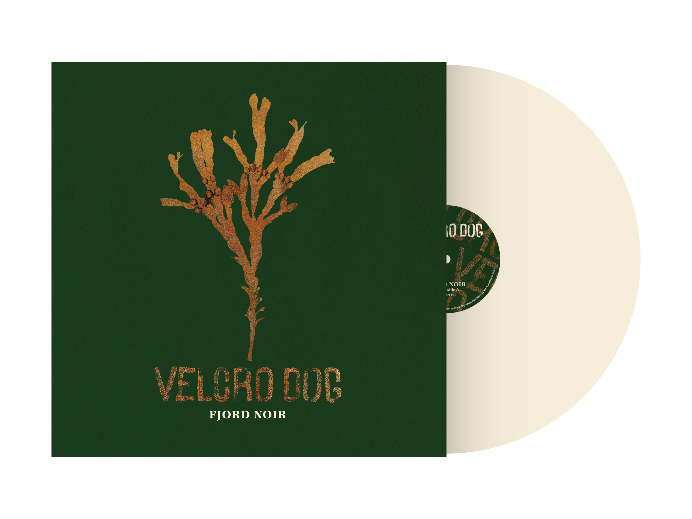 Close-up of a vinyl record and its cover, featuring green and beige colors with a tree illustration, titled 'Fjord Noir' by Velcro Dog.