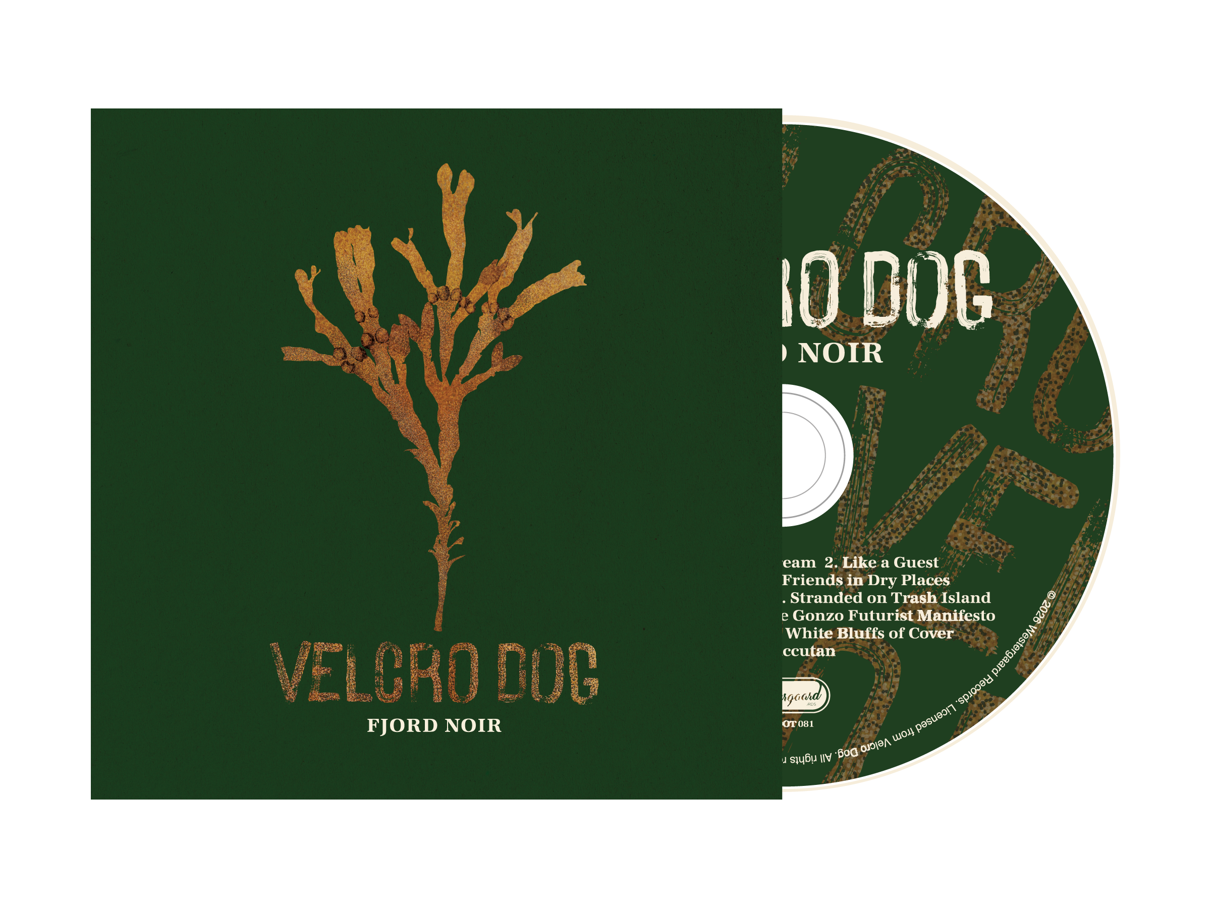 Image of Velcro Dog Fjord Noir product packaging, featuring a green background and a stylized brown tree graphic.